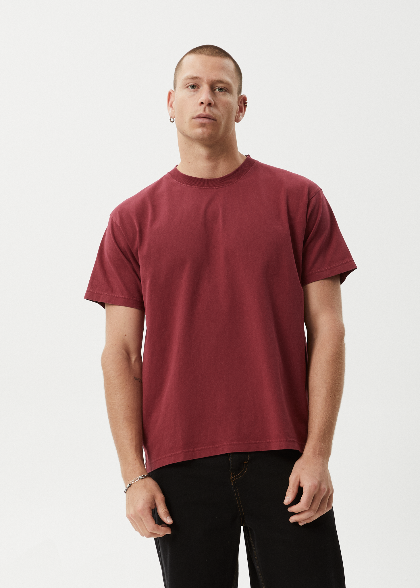 AFENDS Mens Genesis - Heavyweight Boxy Tee - Washed Burgundy