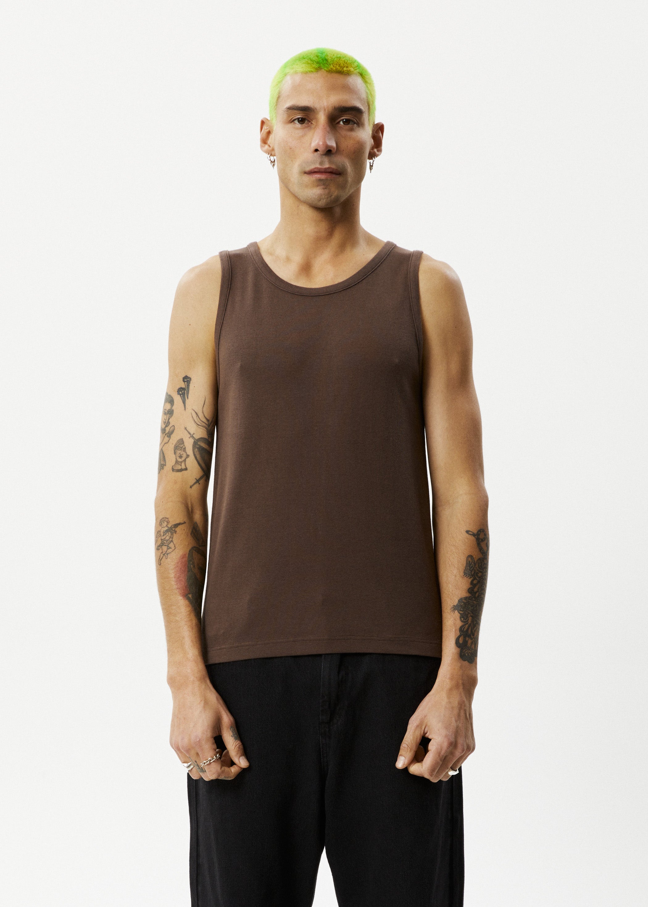 AFENDS Mens Paramount - Rib Singlet - Coffee