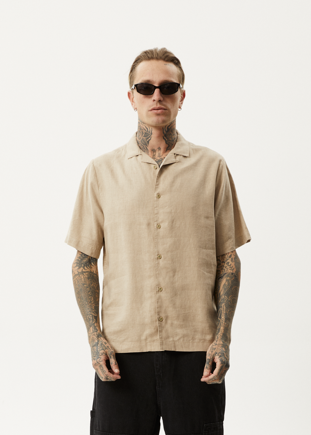 AFENDS Mens Daily - Cuban Shorts Sleeve Shirt - Taupe 