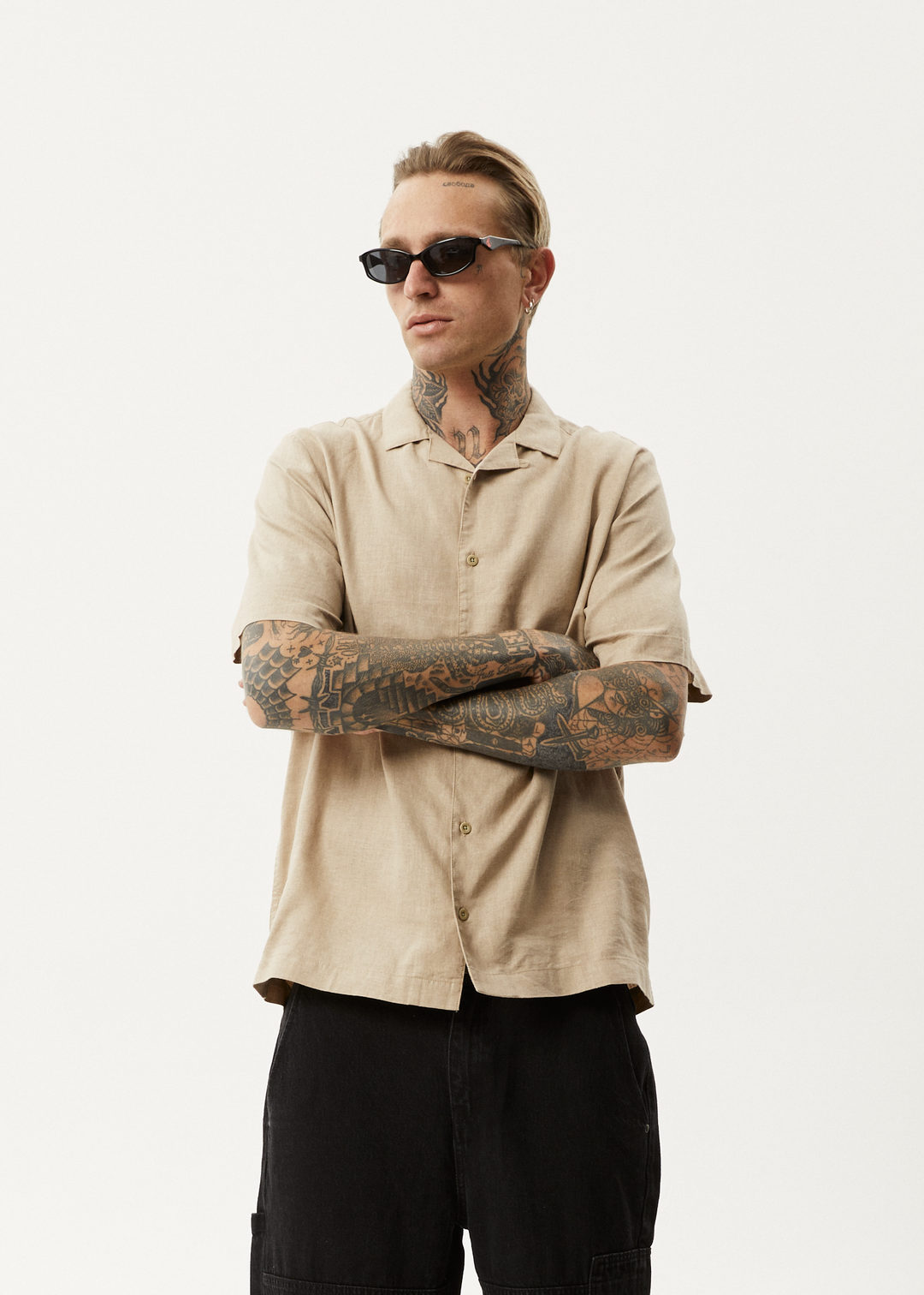 AFENDS Mens Daily - Cuban Shorts Sleeve Shirt - Taupe 