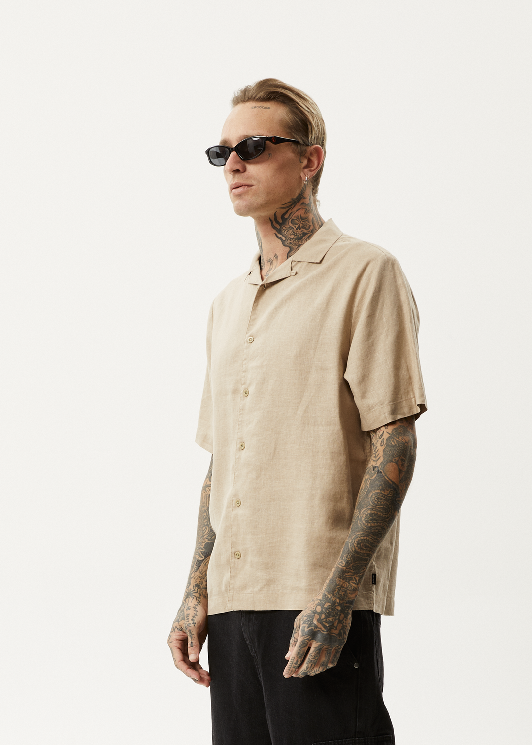 AFENDS Mens Daily - Cuban Shorts Sleeve Shirt - Taupe 