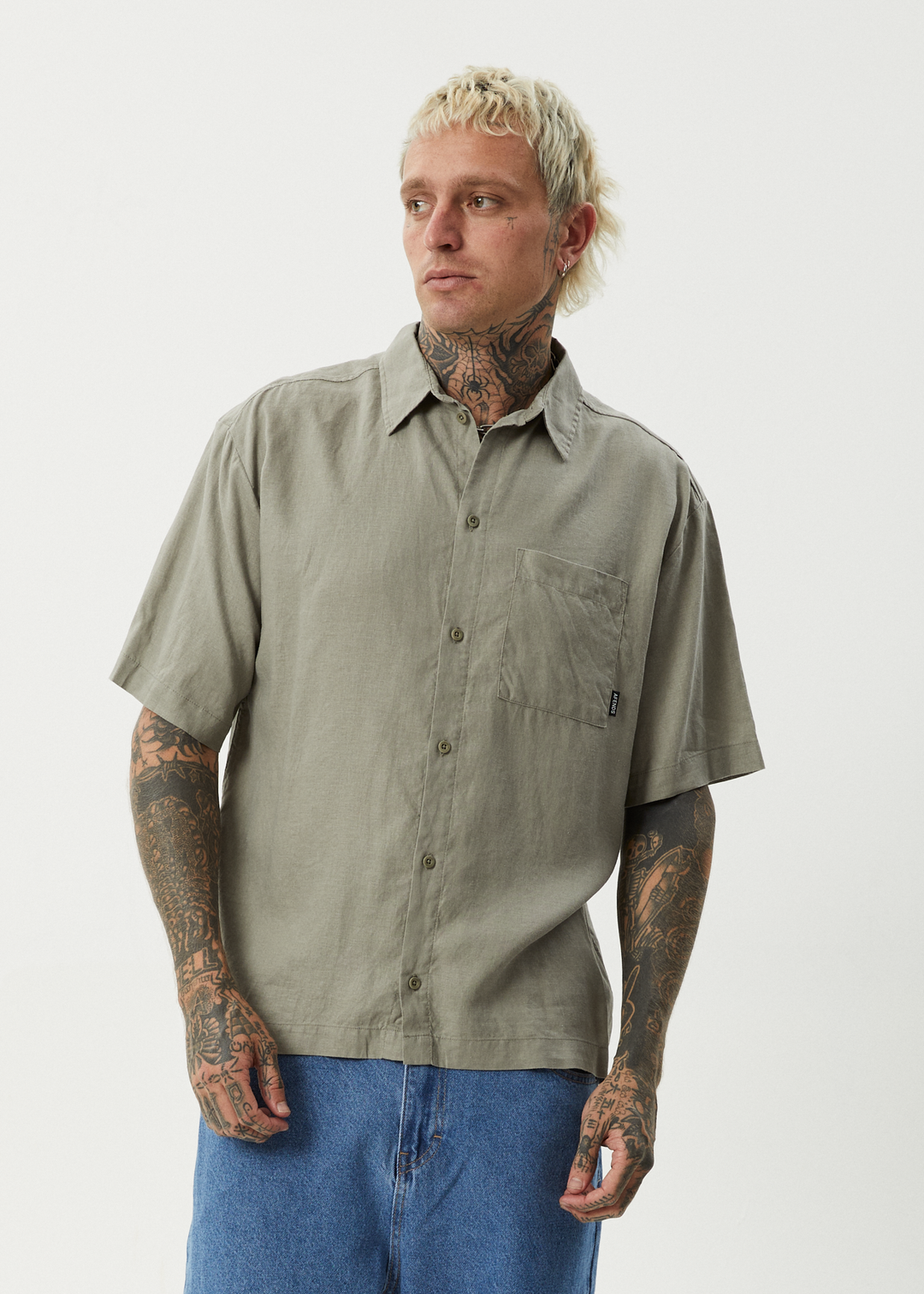 AFENDS Mens Everyday - Short Sleeve Shirt - Olive