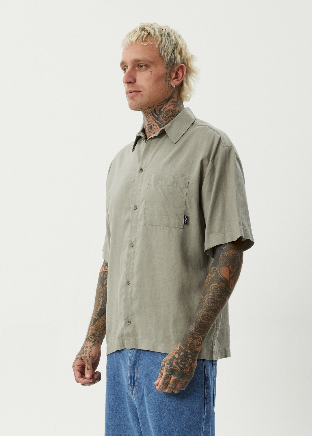 AFENDS Mens Everyday - Short Sleeve Shirt - Olive