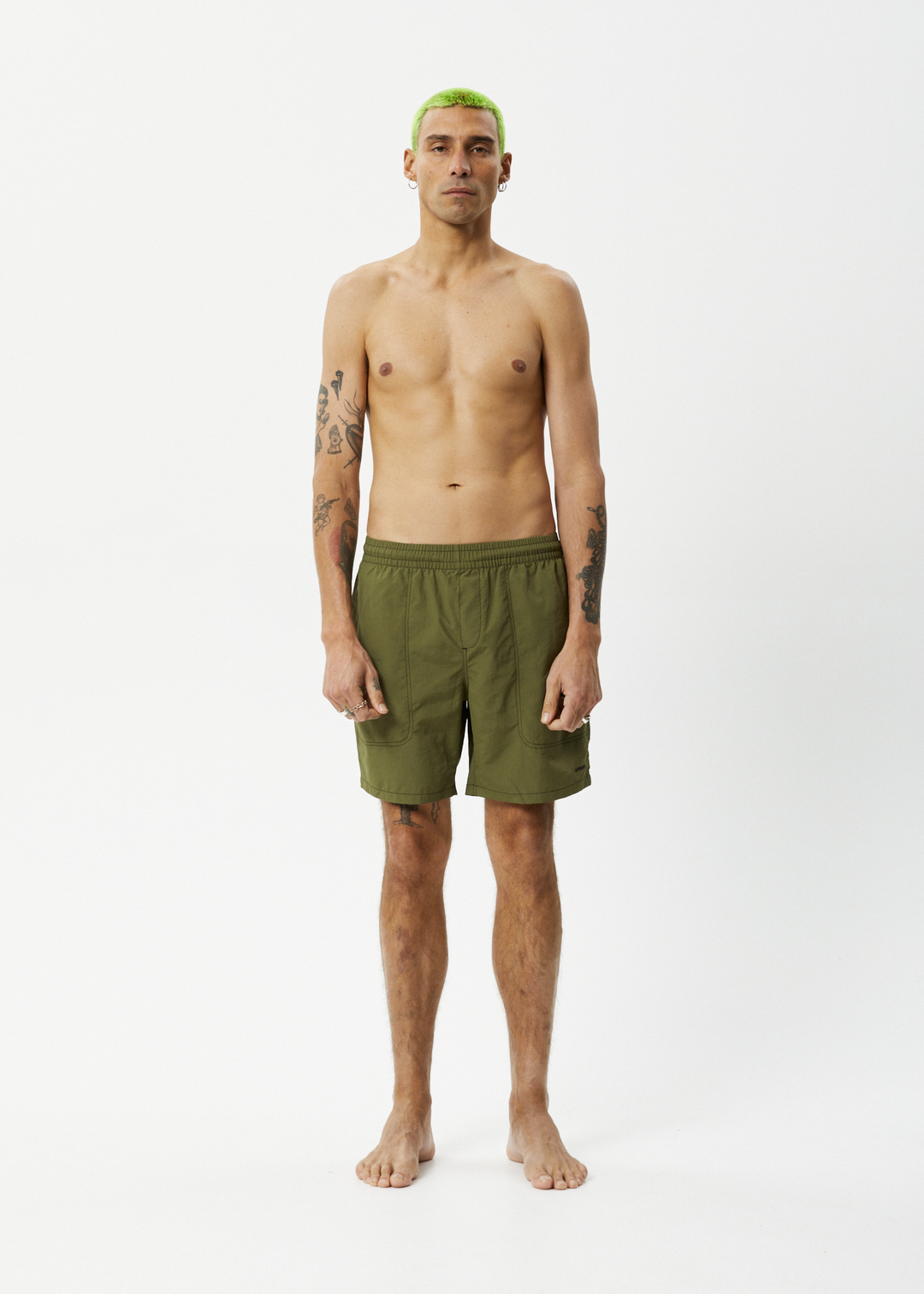 AFENDS Mens Baywatch - Swim Shorts 18" - Military 