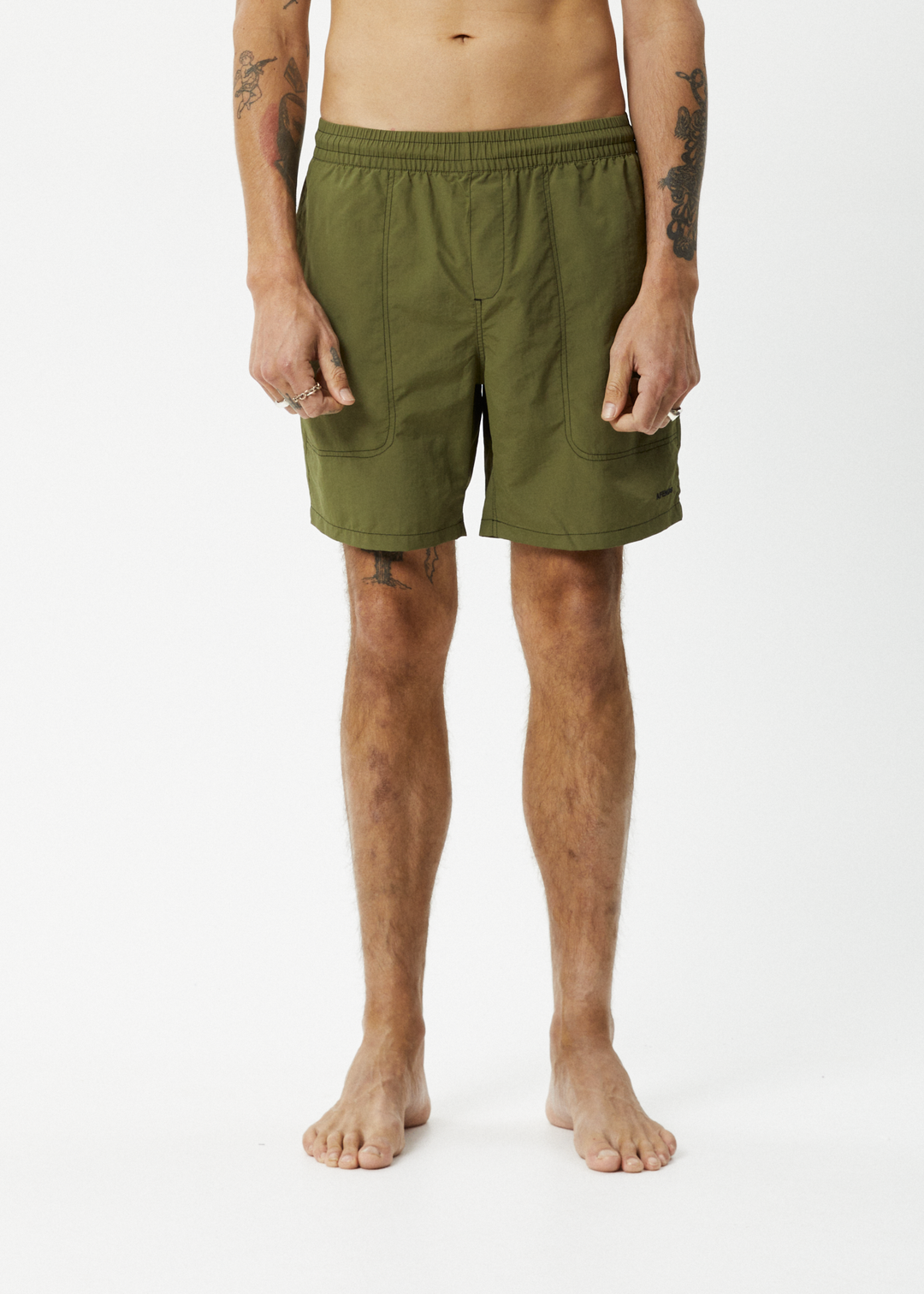 AFENDS Mens Baywatch - Swim Shorts 18" - Military 