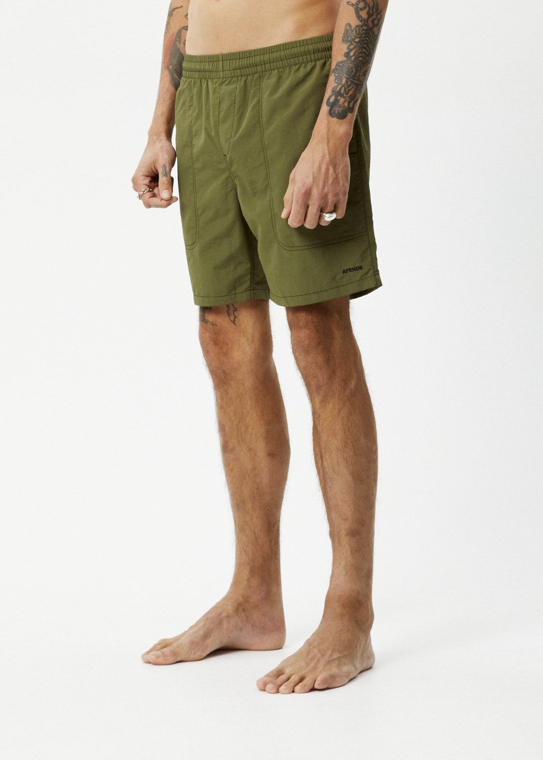 AFENDS Mens Baywatch - Swim Shorts 18" - Military 