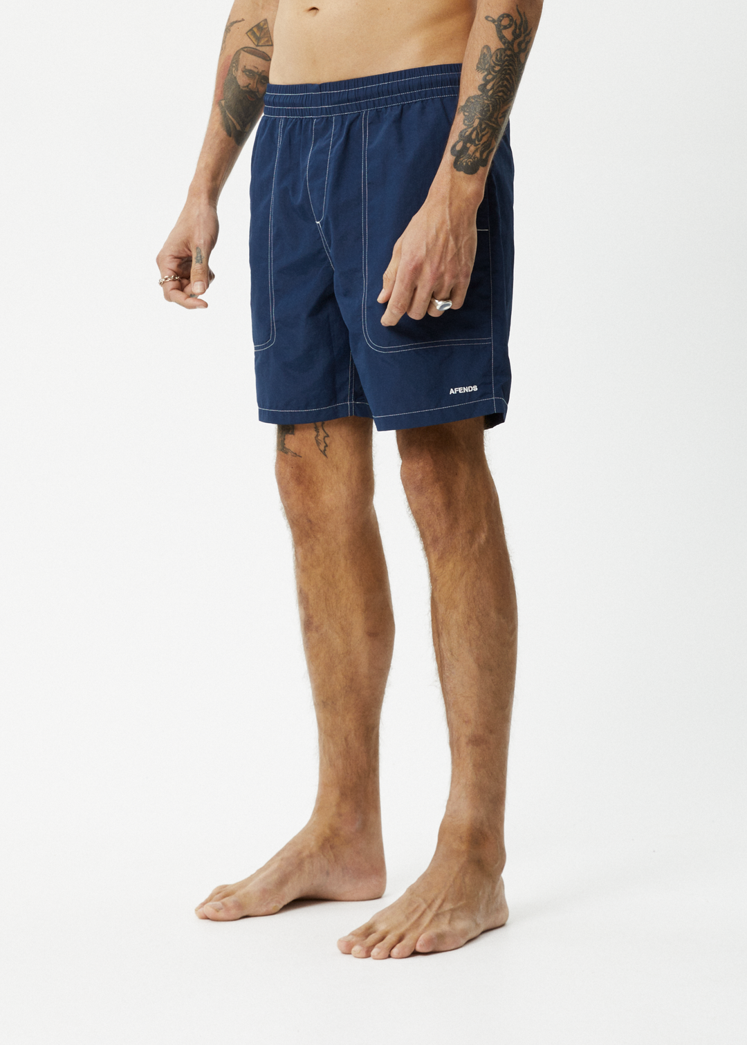 AFENDS Mens Baywatch - Swim Shorts 18" - Navy 