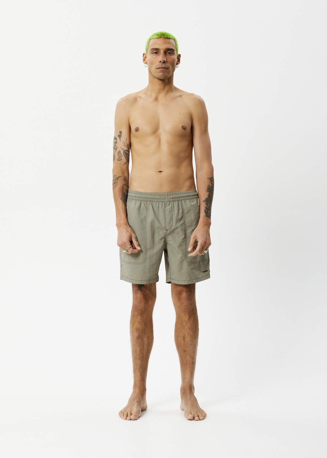 AFENDS Mens Baywatch - Swim Shorts 18" - Olive 