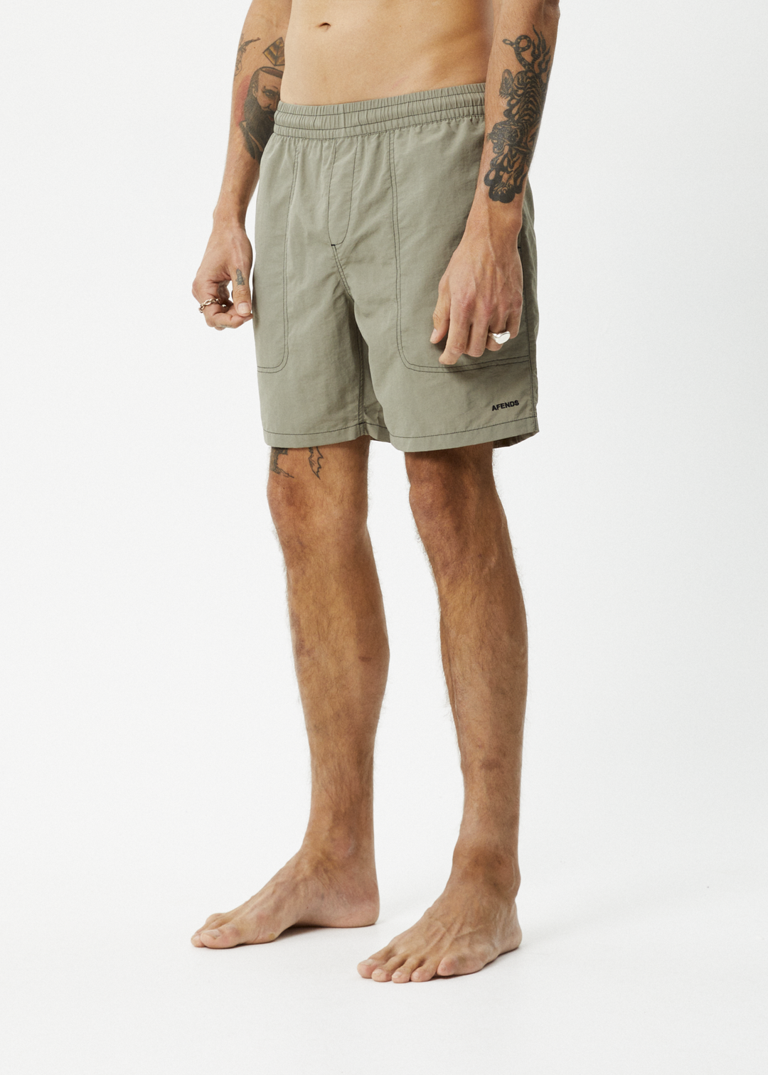 AFENDS Mens Baywatch - Swim Shorts 18" - Olive 