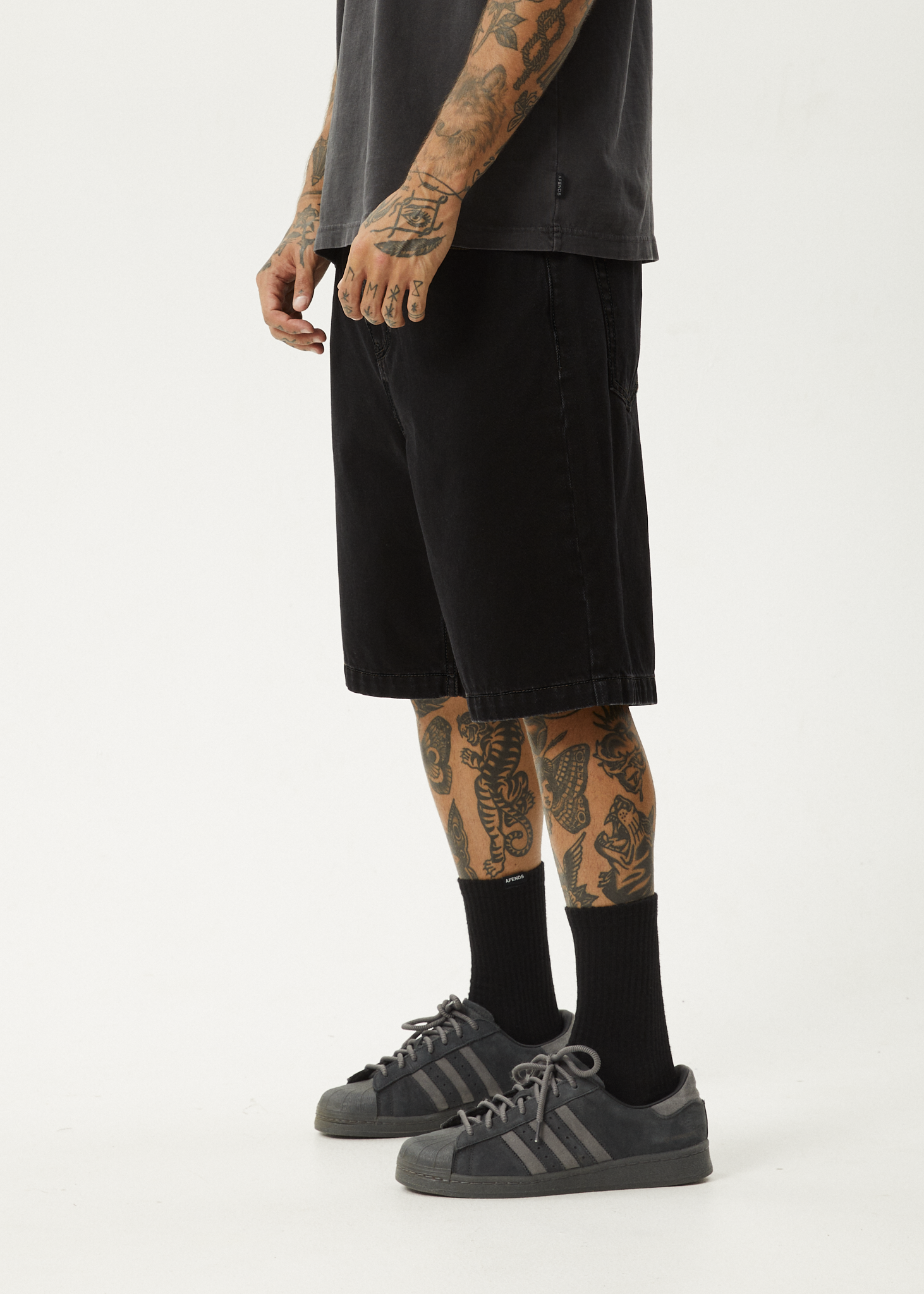 AFENDS Mens Lil C - Denim Baggy Short 22" - Washed Black