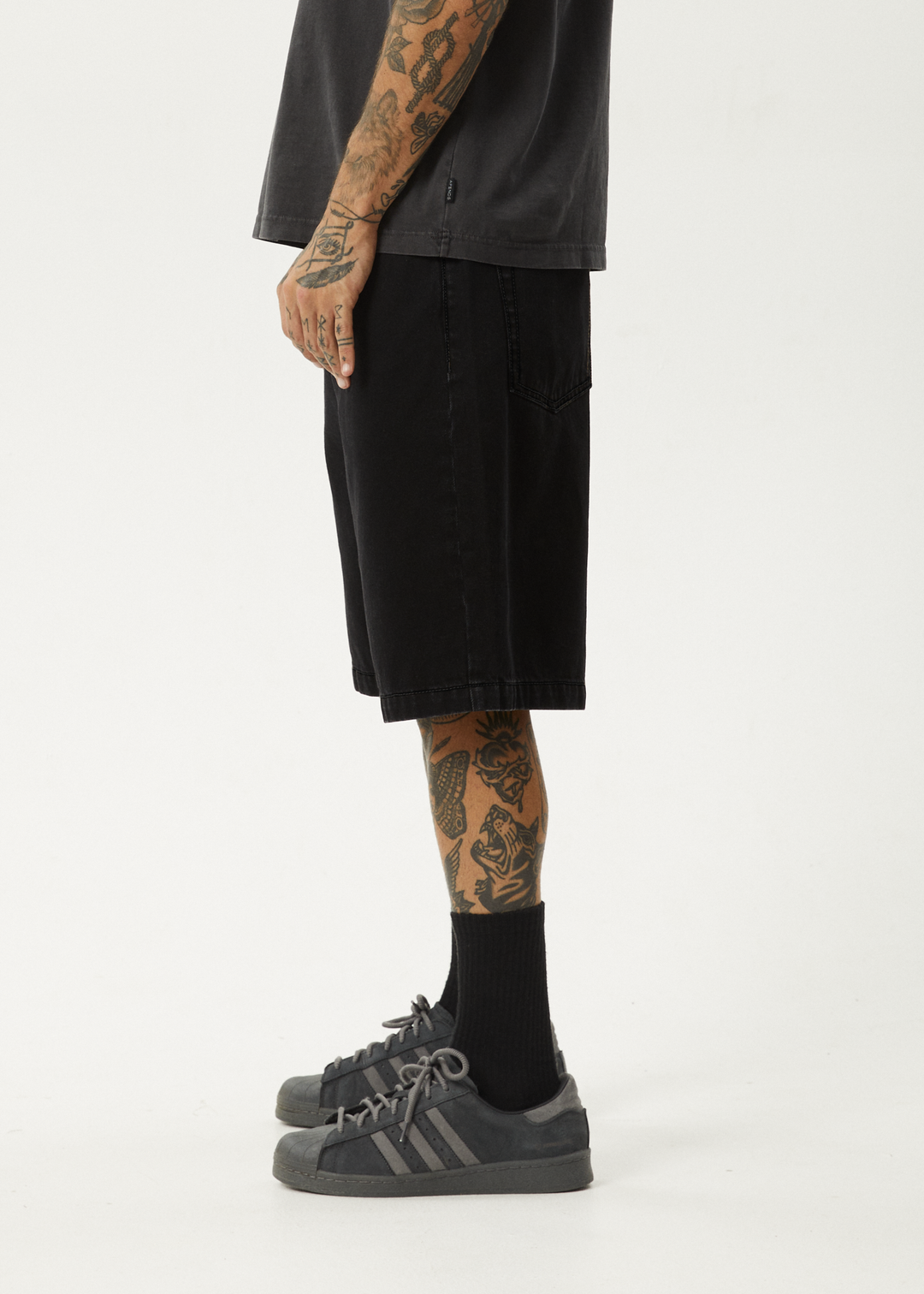 AFENDS Mens Lil C - Denim Baggy Short 22" - Washed Black