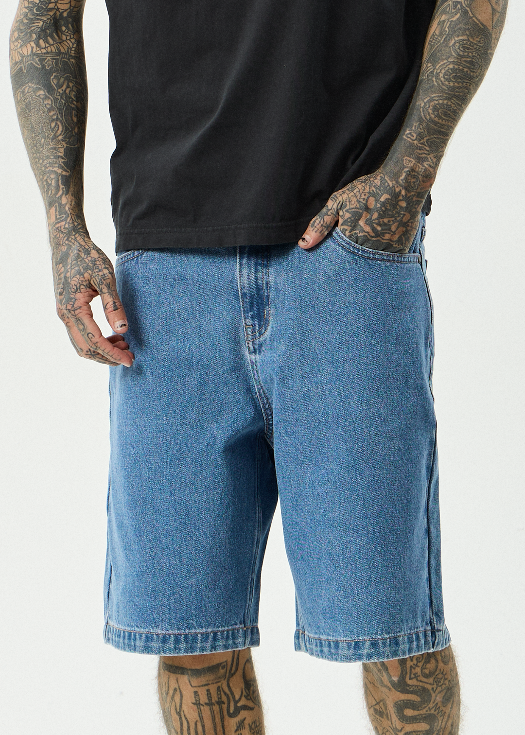 AFENDS Mens Lil C - Denim Baggy Short 22" - Worn Blue