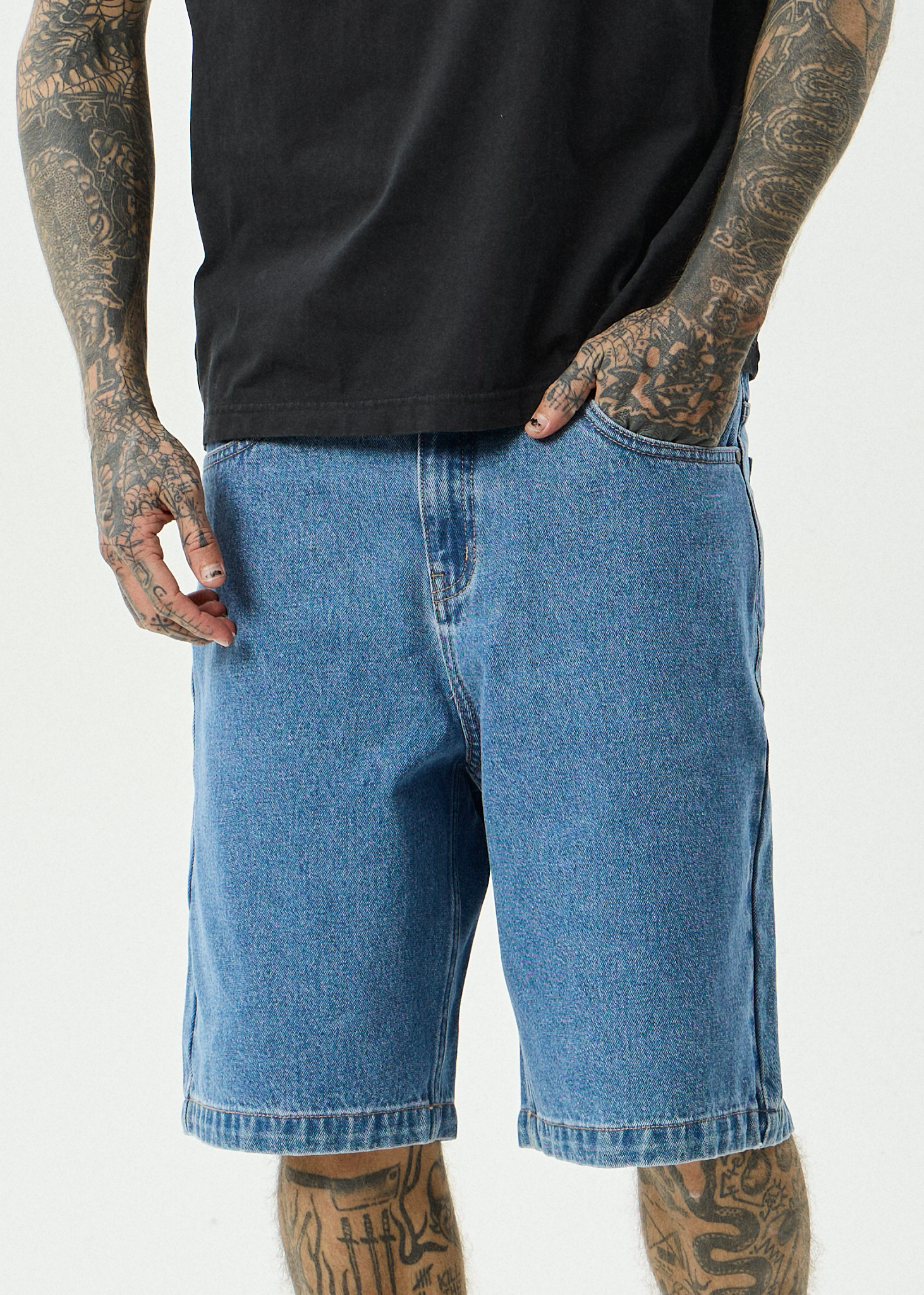 AFENDS Mens Lil C - Denim Baggy Short 22" - Worn Blue