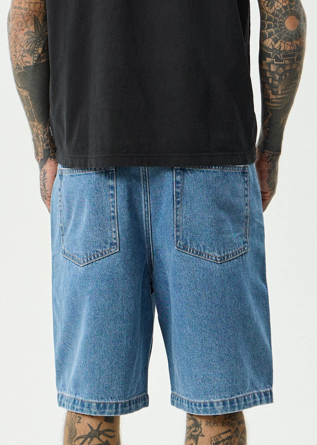 AFENDS Mens Lil C - Denim Baggy Short 22" - Worn Blue