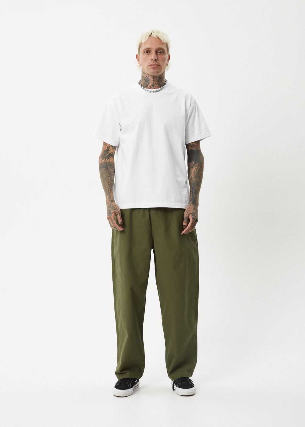AFENDS Mens Ninety Eights - Baggy Elastic Waist Pant - Military