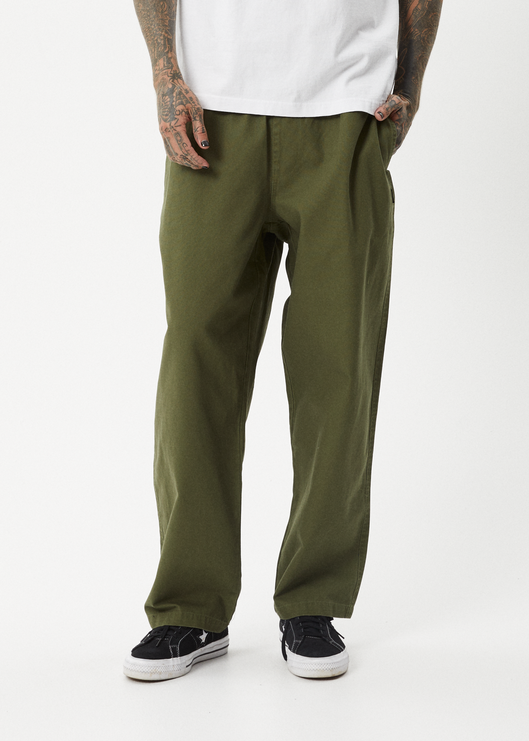 AFENDS Mens Ninety Eights - Baggy Elastic Waist Pants - Military 