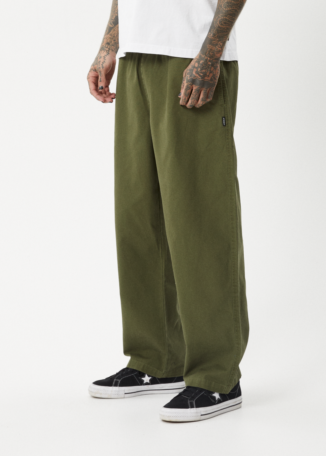 AFENDS Mens Ninety Eights - Baggy Elastic Waist Pants - Military 