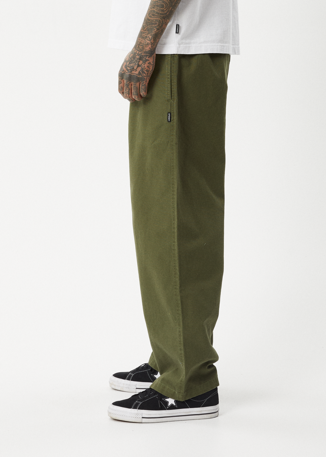 AFENDS Mens Ninety Eights - Baggy Elastic Waist Pants - Military 