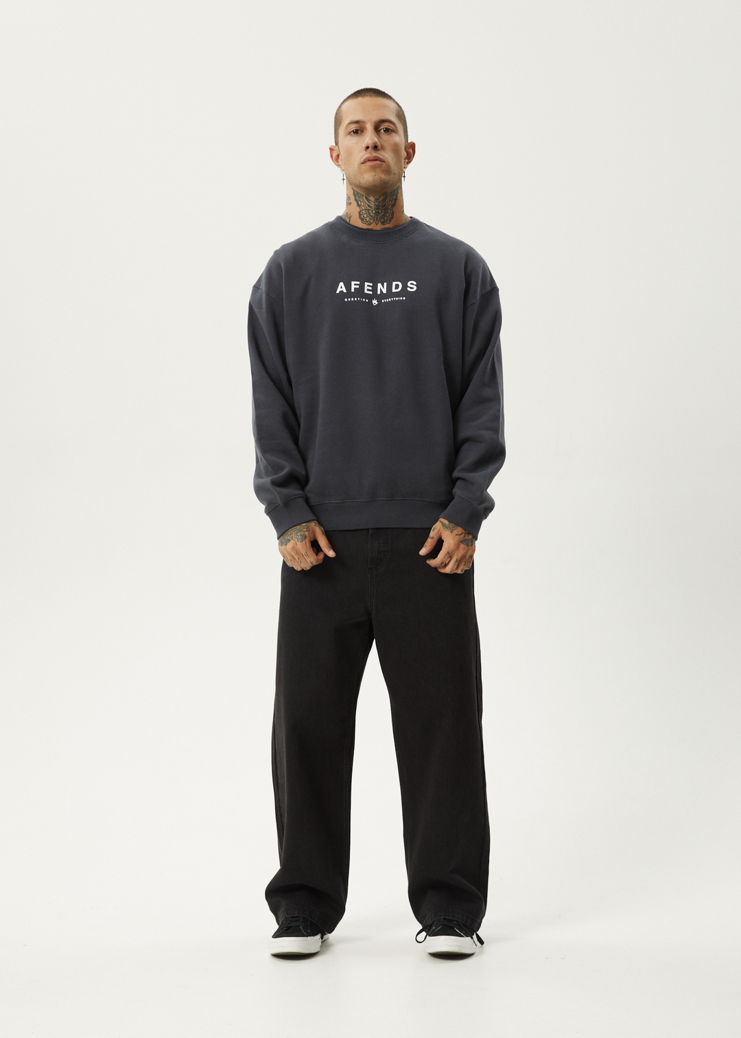 AFENDS Mens Thrown Out - Crew Neck - Charcoal 