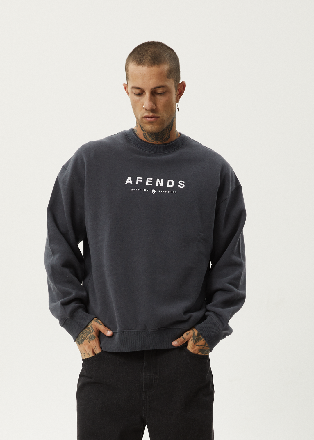 AFENDS Mens Thrown Out - Crew Neck - Charcoal 