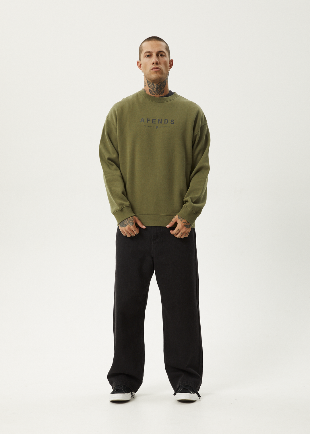 AFENDS Mens Thrown Out - Crew Neck - Military 