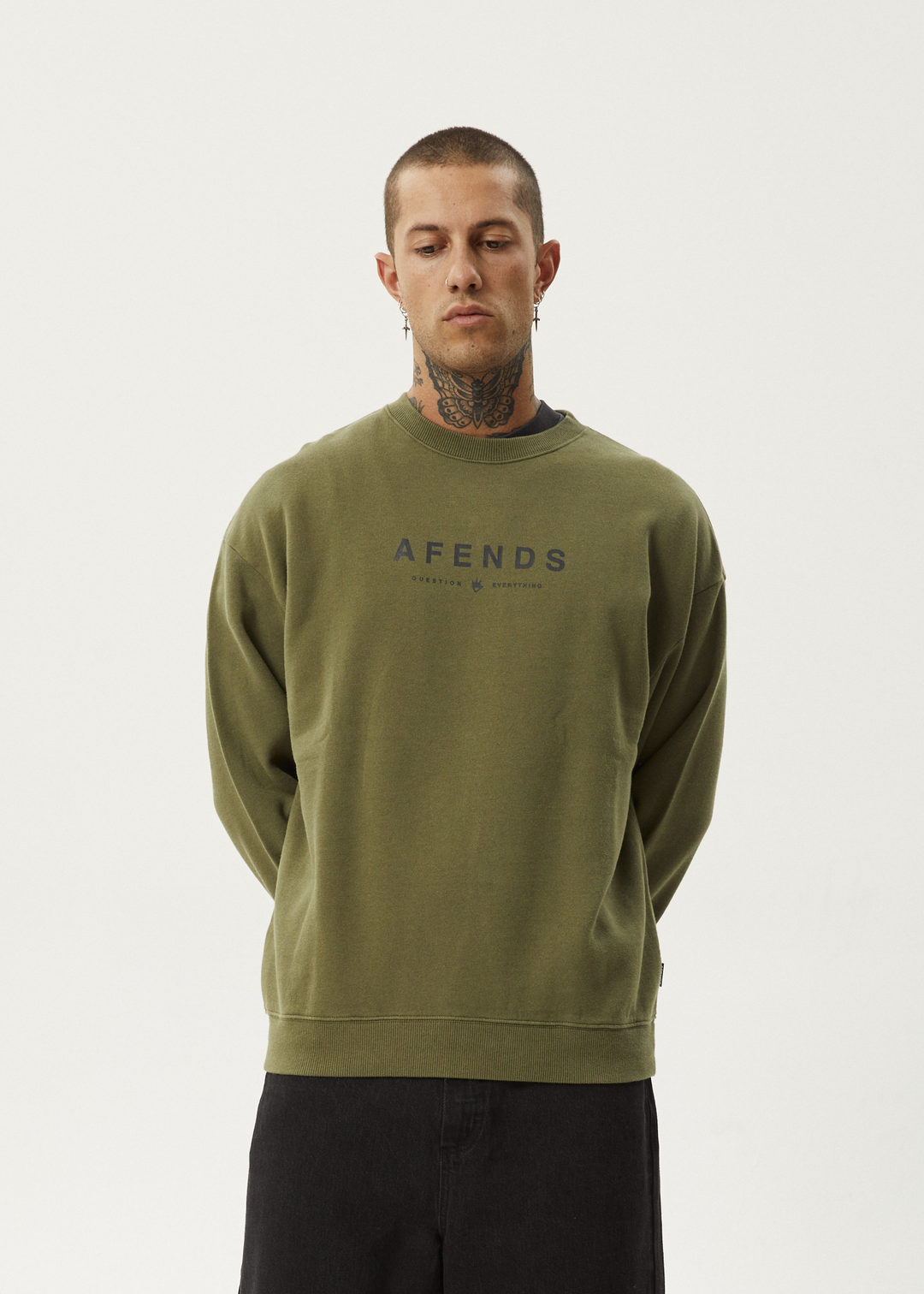 AFENDS Mens Thrown Out - Crew Neck - Military 