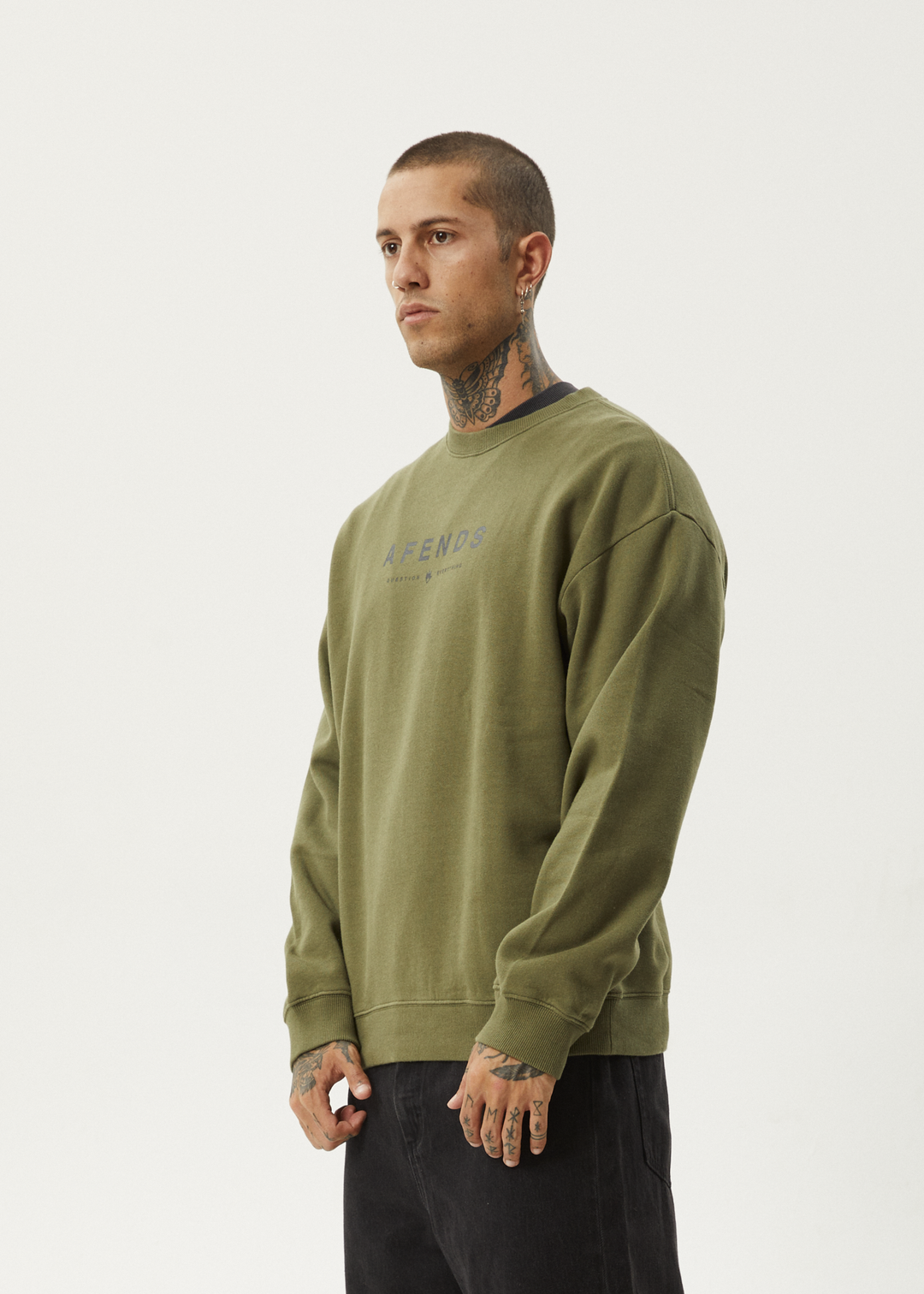 AFENDS Mens Thrown Out - Crew Neck - Military 