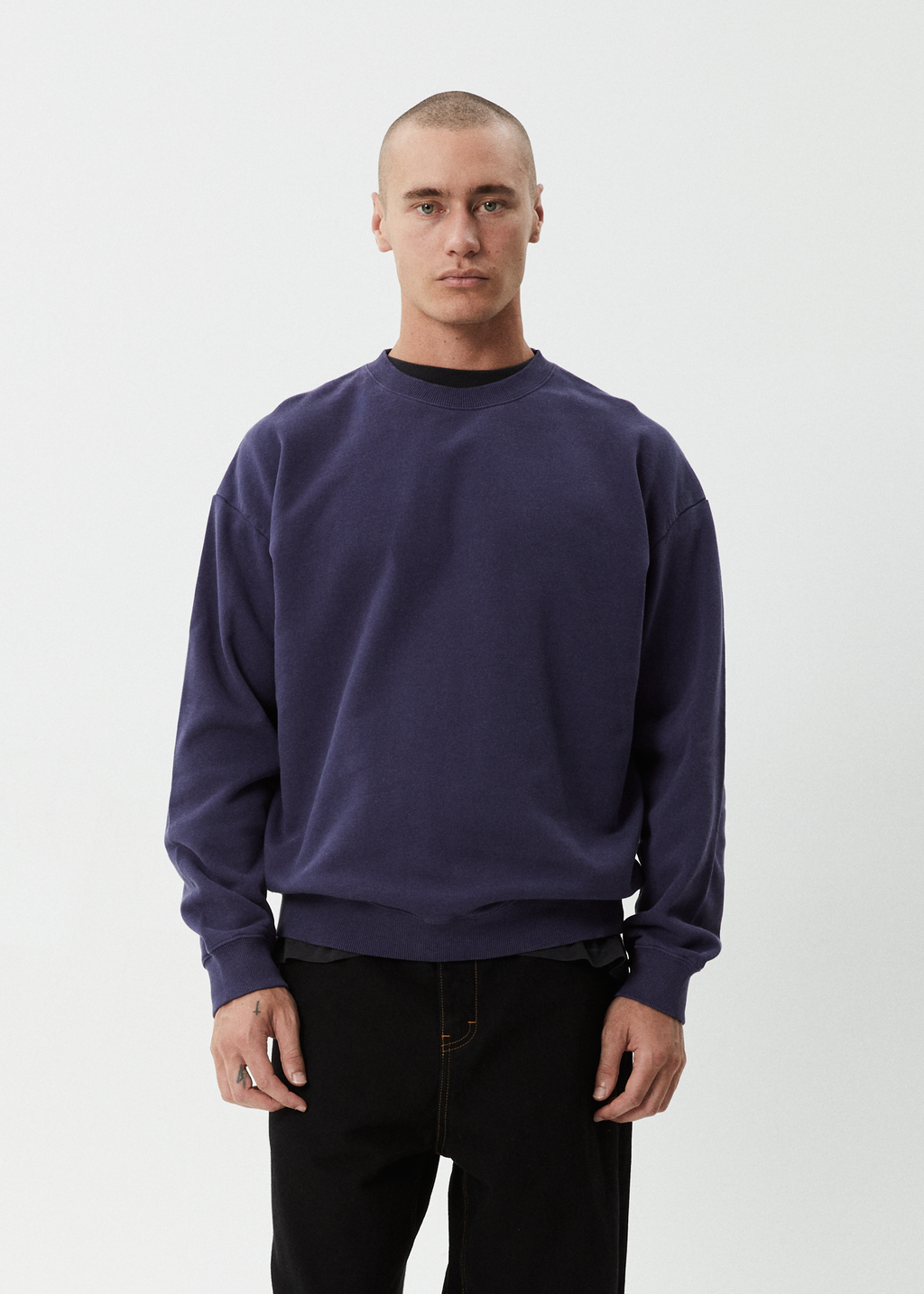 AFENDS Mens Genesis - Crew Neck Jumper - Washed Deep Sea