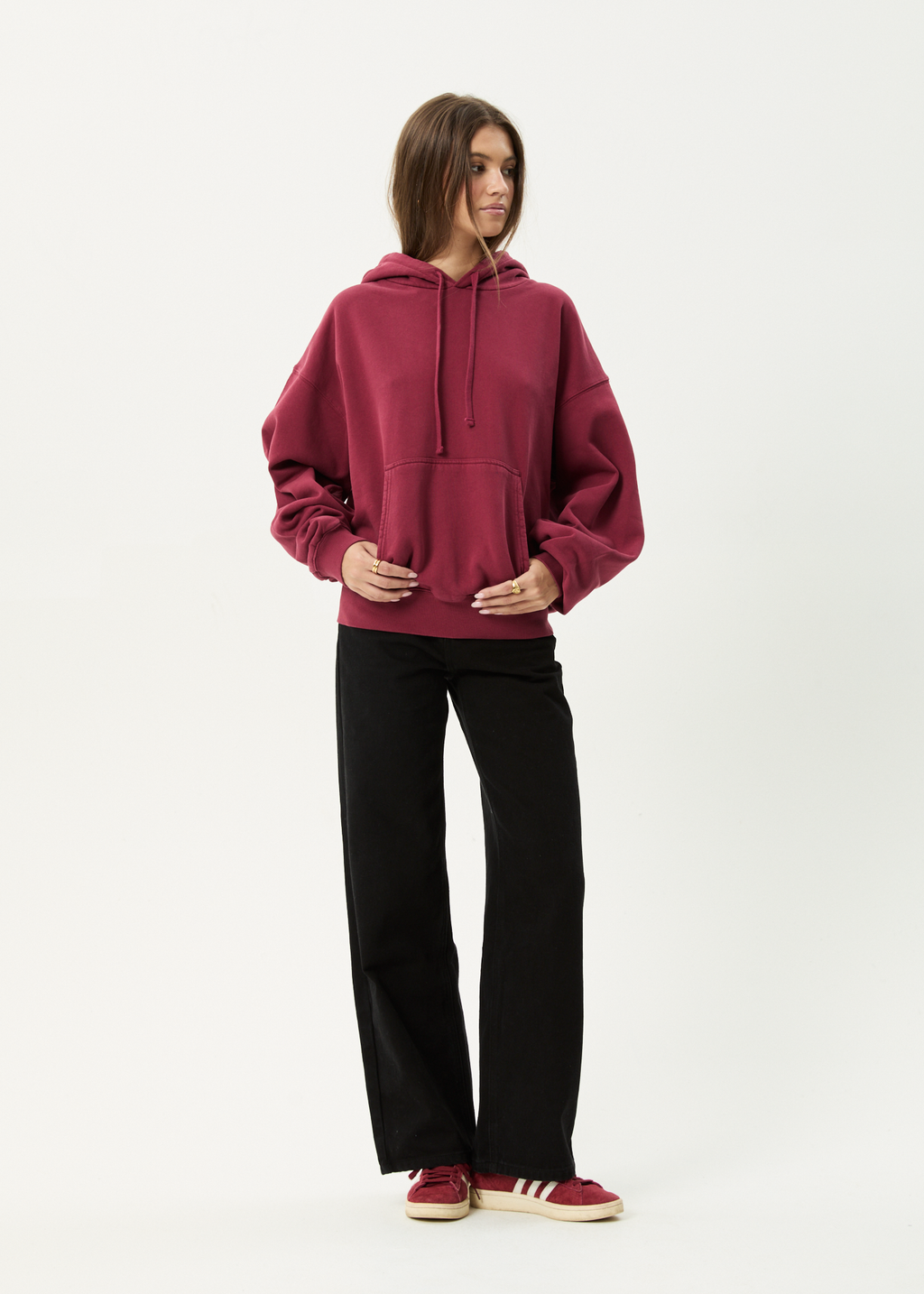 AFENDS Mens Genesis - Boxy Hoodie - Washed Burgundy