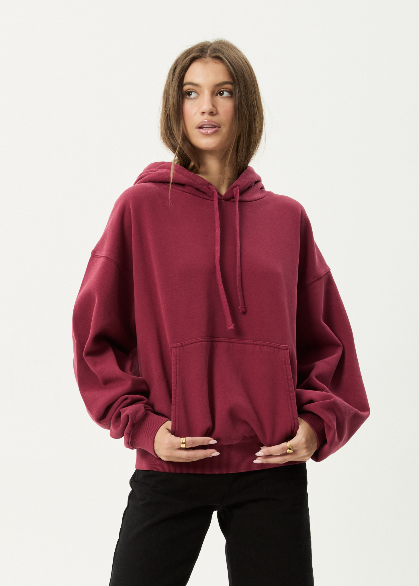 AFENDS Mens Genesis - Boxy Hoodie - Washed Burgundy
