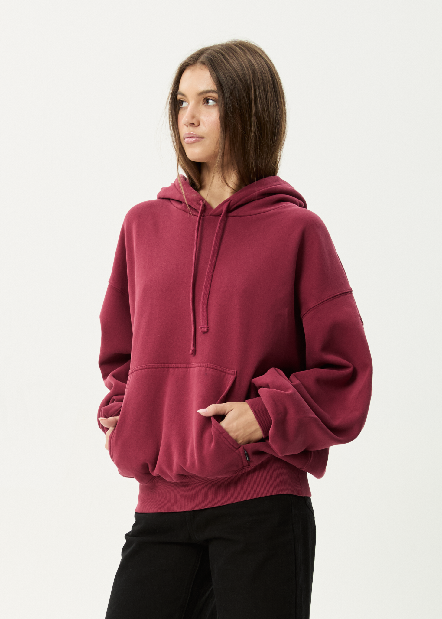 AFENDS Mens Genesis - Boxy Hoodie - Washed Burgundy