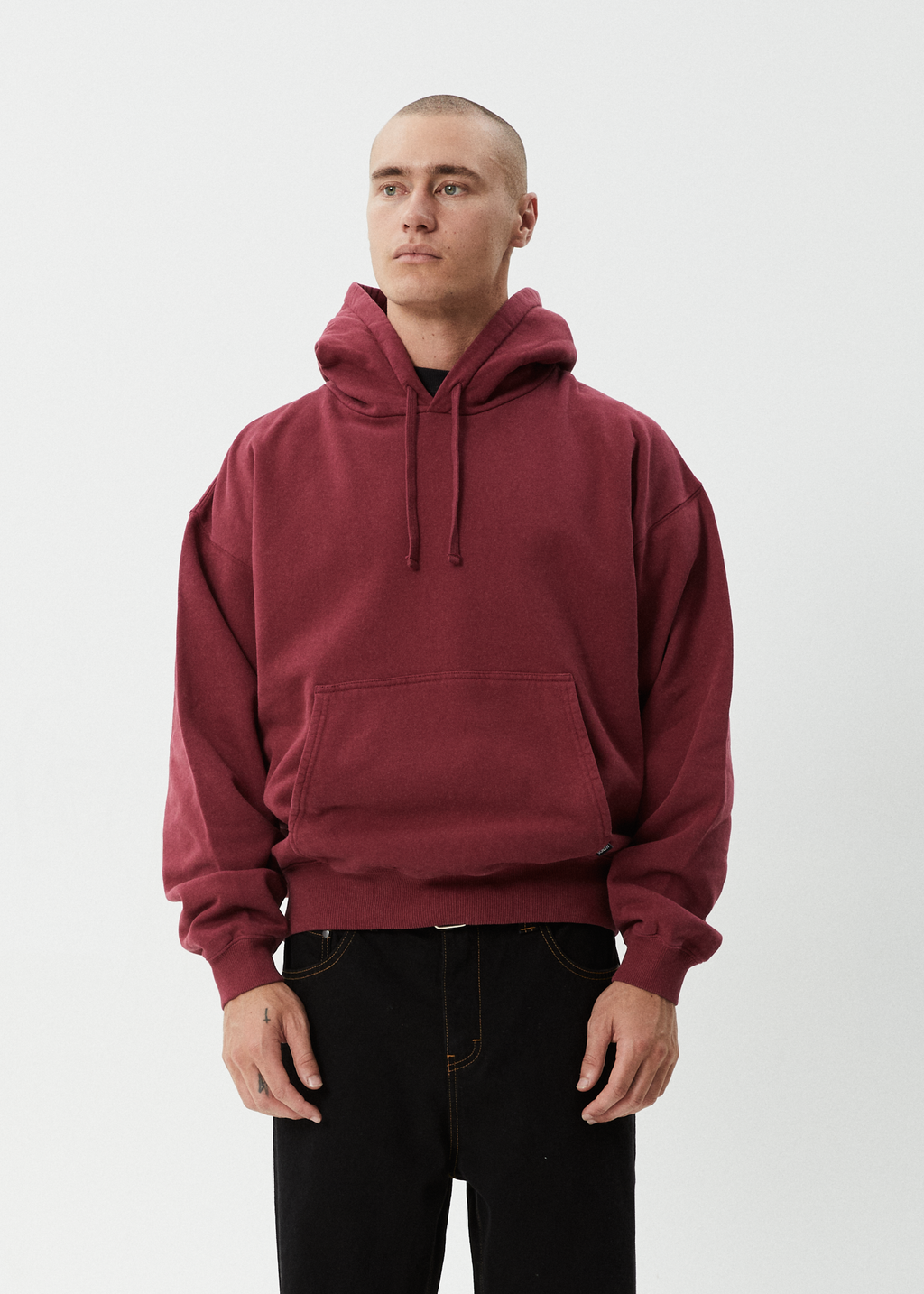 AFENDS Mens Genesis - Boxy Hoodie - Washed Burgundy