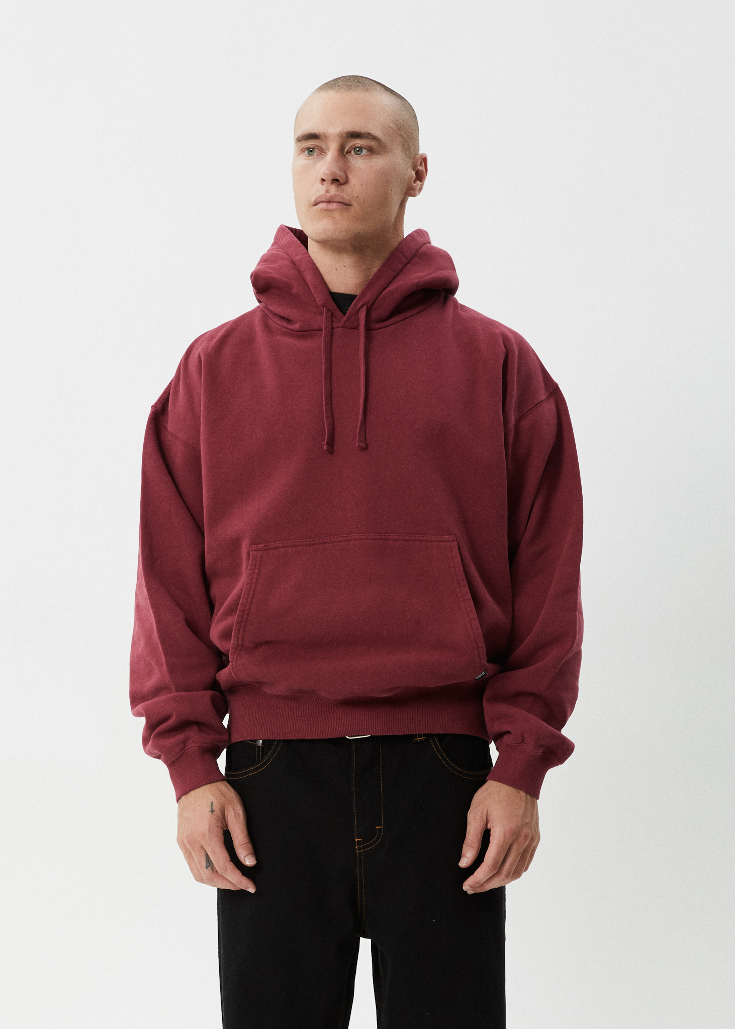 AFENDS Mens Genesis - Boxy Hoodie - Washed Burgundy