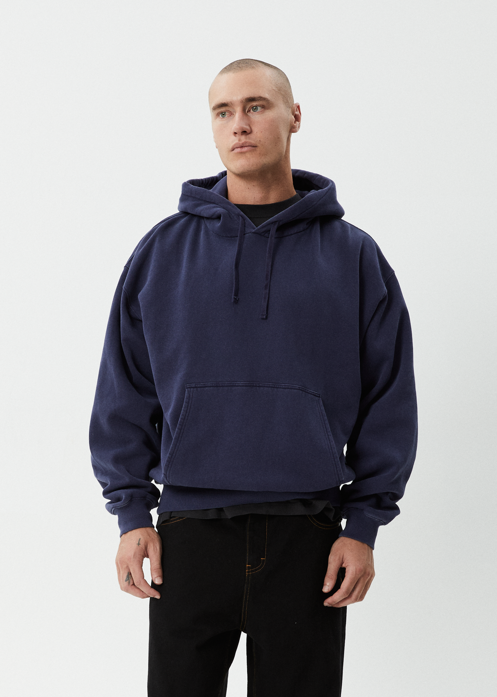AFENDS Mens Genesis - Boxy Hoodie - Washed Deep Sea