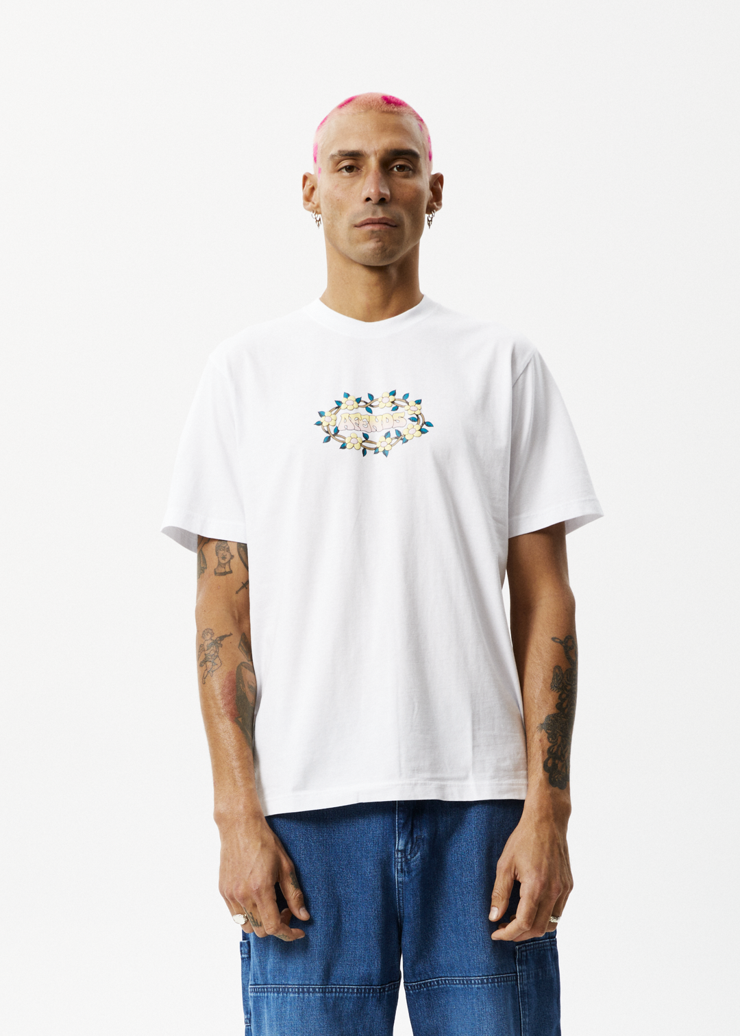 AFENDS Mens Bloom - Retro Graphic Logo T-Shirt - White 