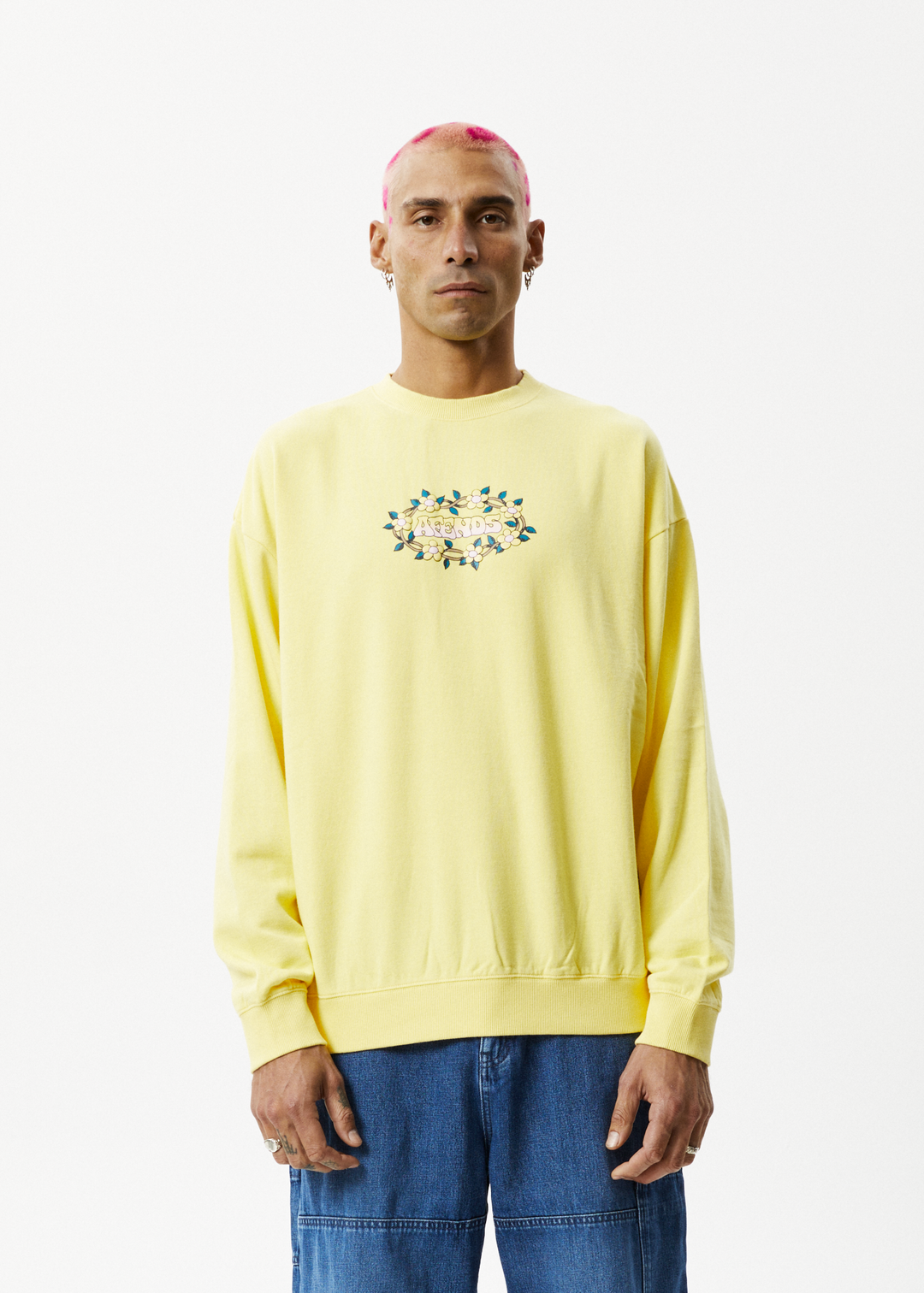 AFENDS Mens Bloom - Crew Neck Jumper - Butter 