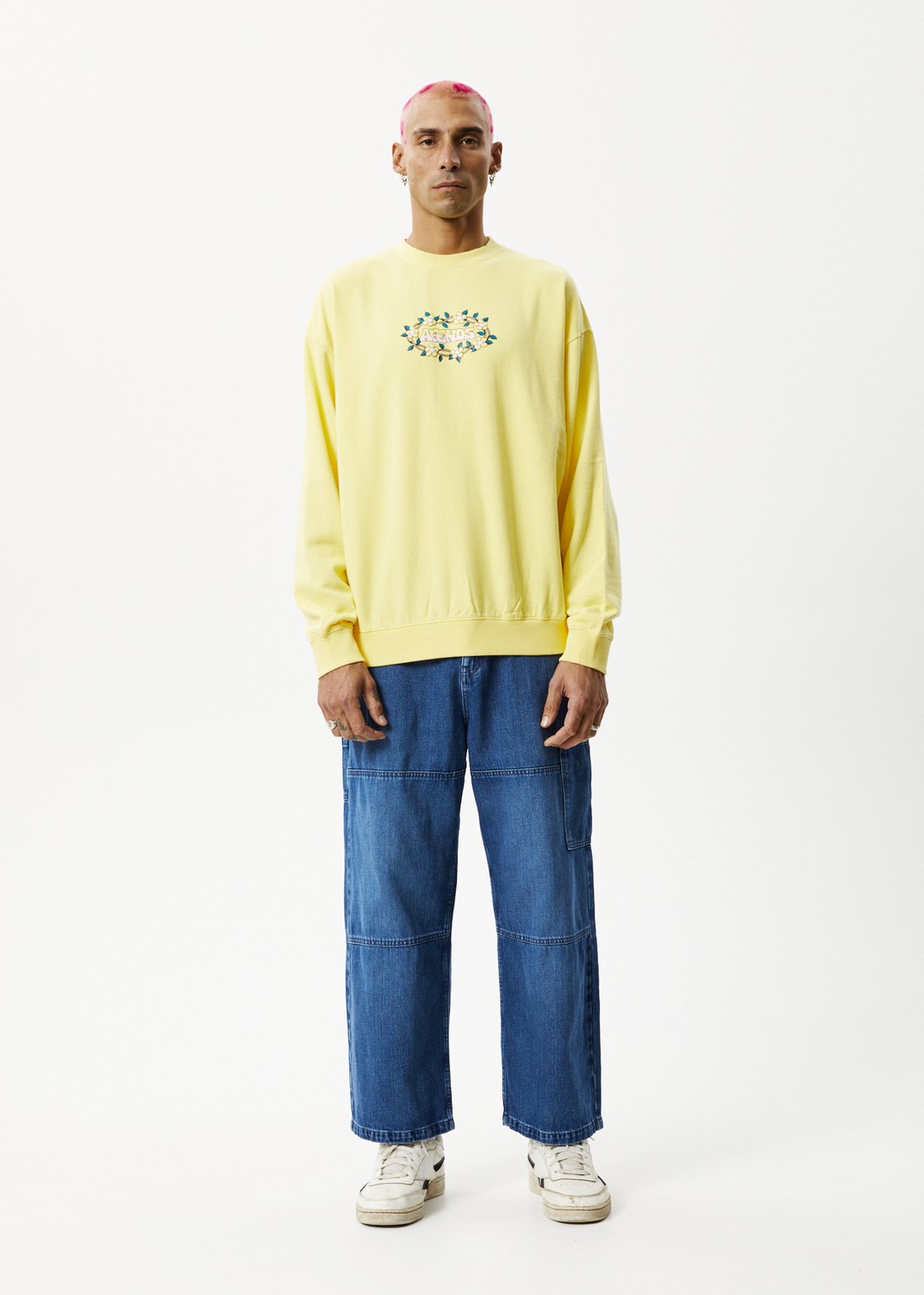 AFENDS Mens Bloom - Crew Neck Jumper - Butter 