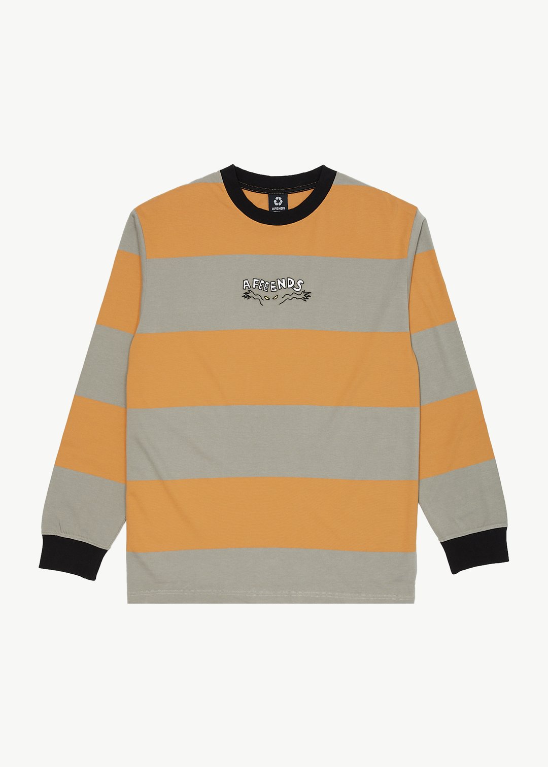 AFENDS Mens Space - Striped Long Sleeve Logo T-Shirt - Mustard Stripe 