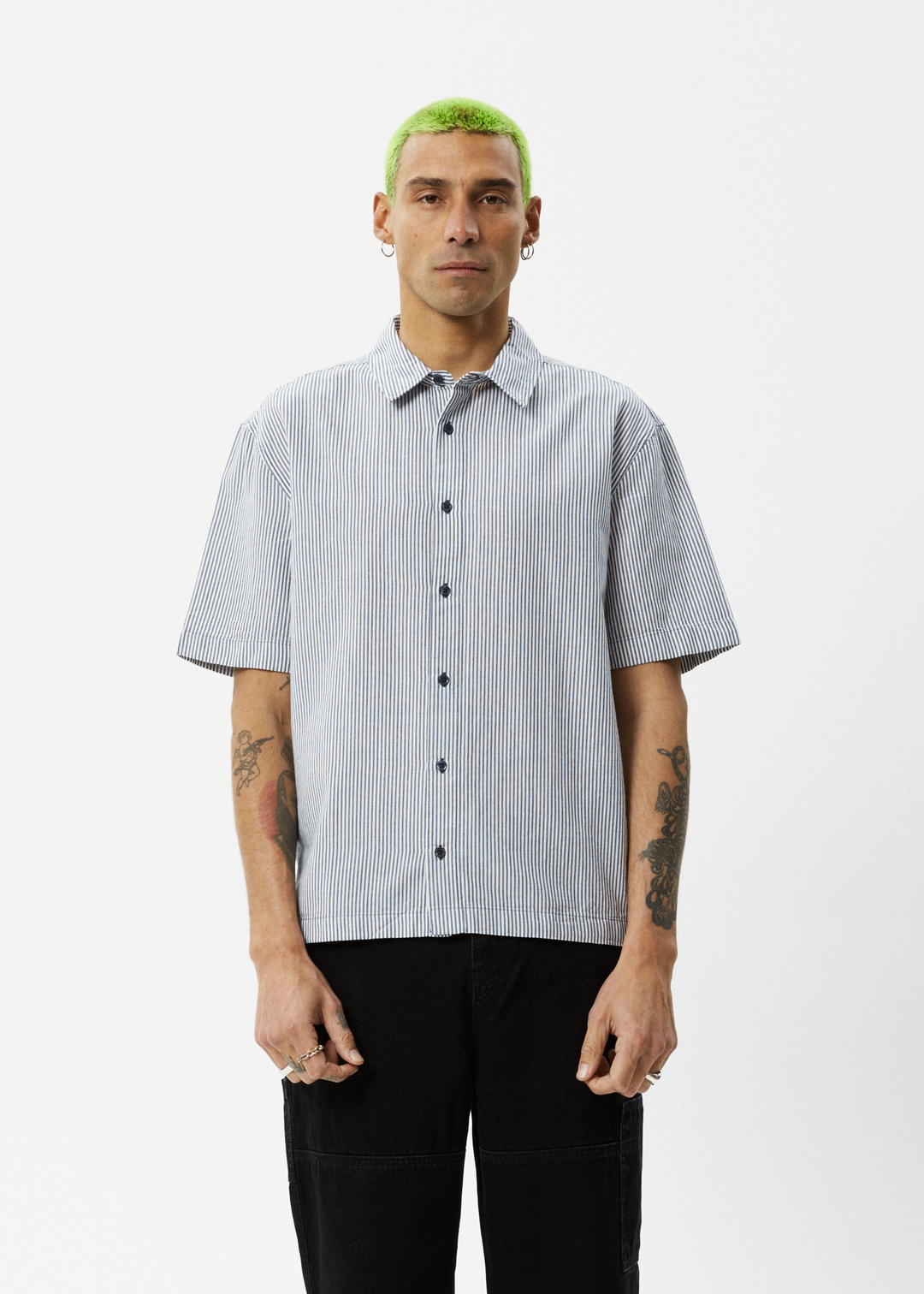 AFENDS Mens Intergalactic - Short Sleeve Shirt - Navy Stripe 