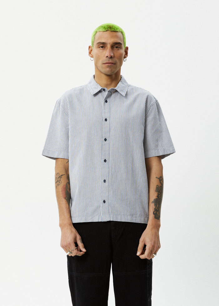Afends Mens Intergalactic -  Short Sleeve Shirt - Navy Stripe 