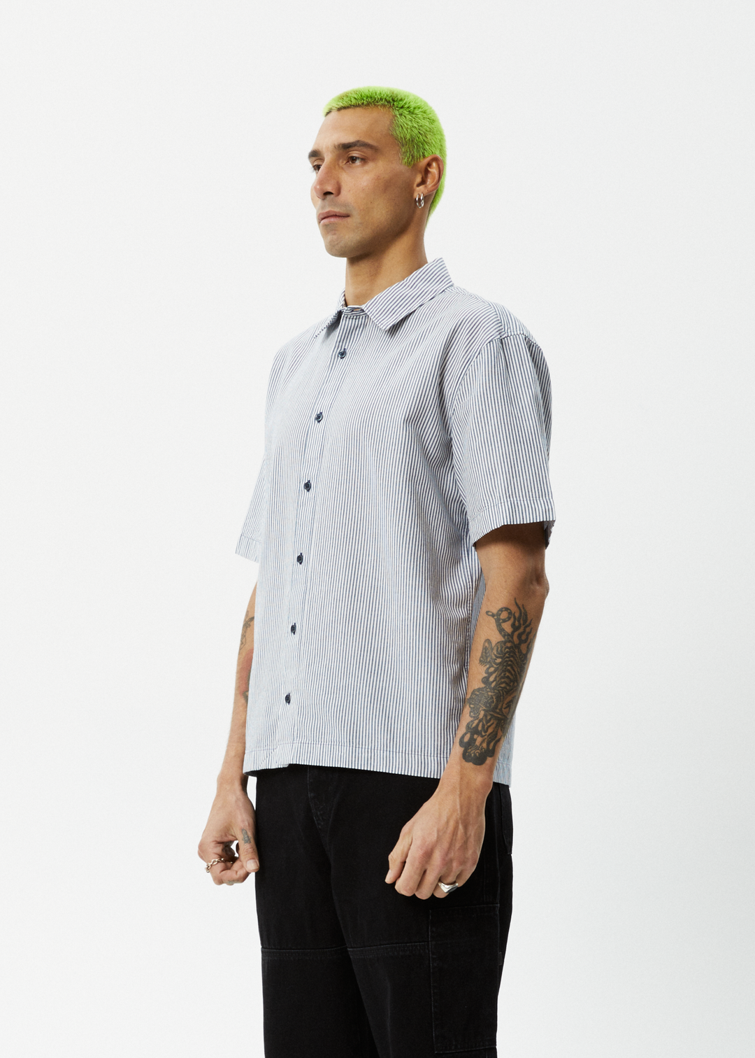 AFENDS Mens Intergalactic - Short Sleeve Shirt - Navy Stripe 