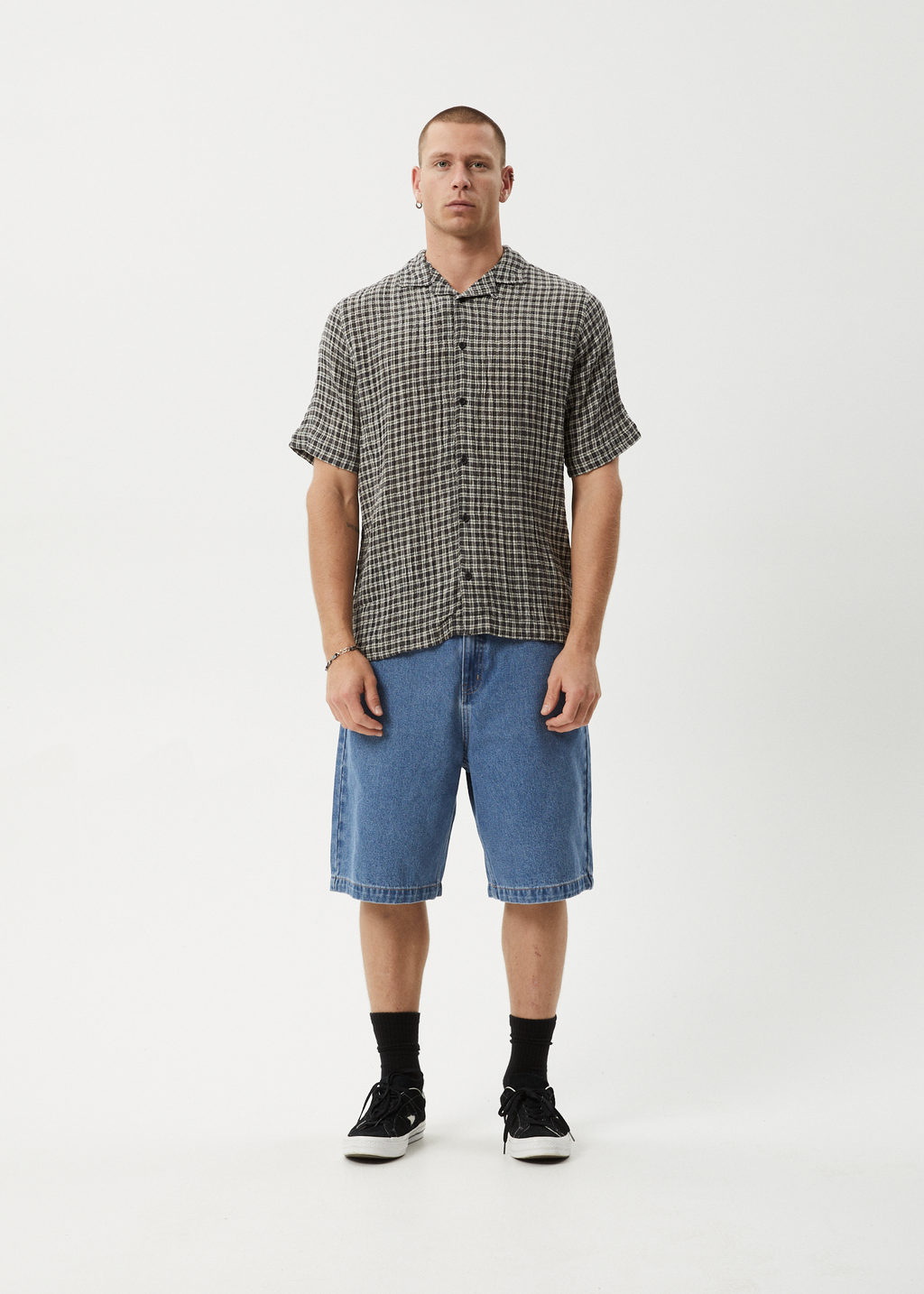 AFENDS Mens Asta - Seersucker Cuban Shirt - Steel Check