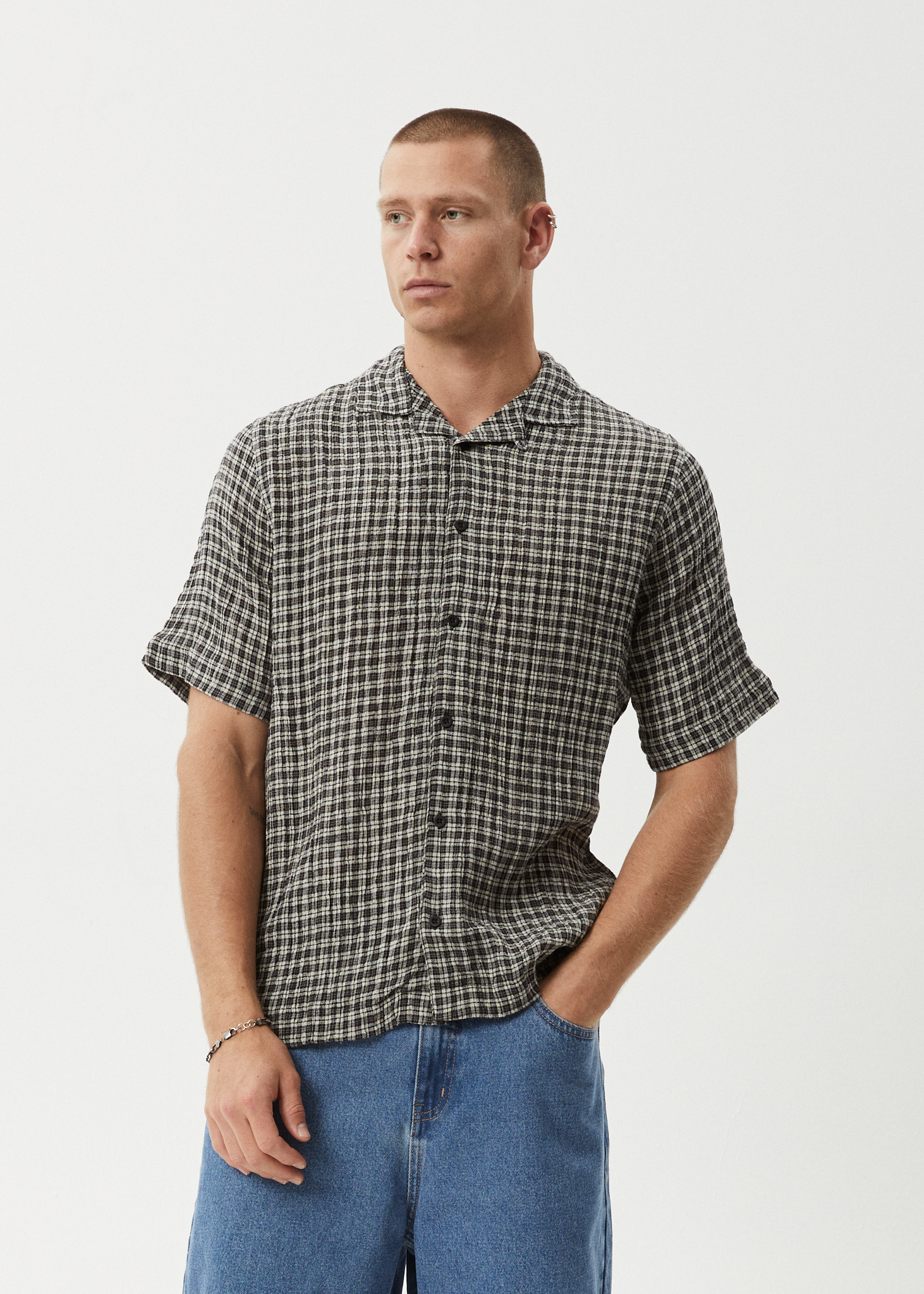 AFENDS Mens Asta - Seersucker Cuban Shirt - Steel Check