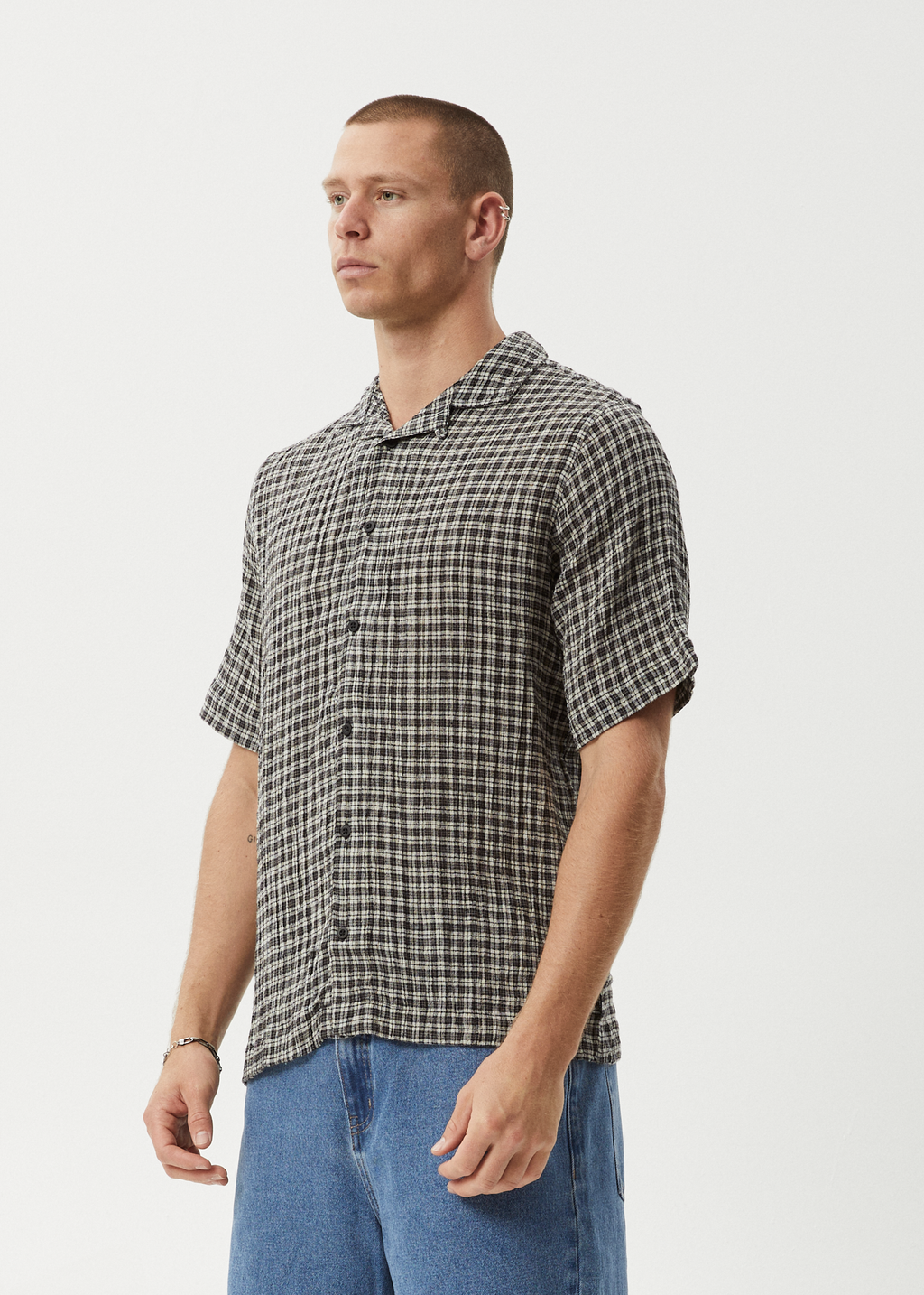 AFENDS Mens Asta - Seersucker Cuban Shirt - Steel Check