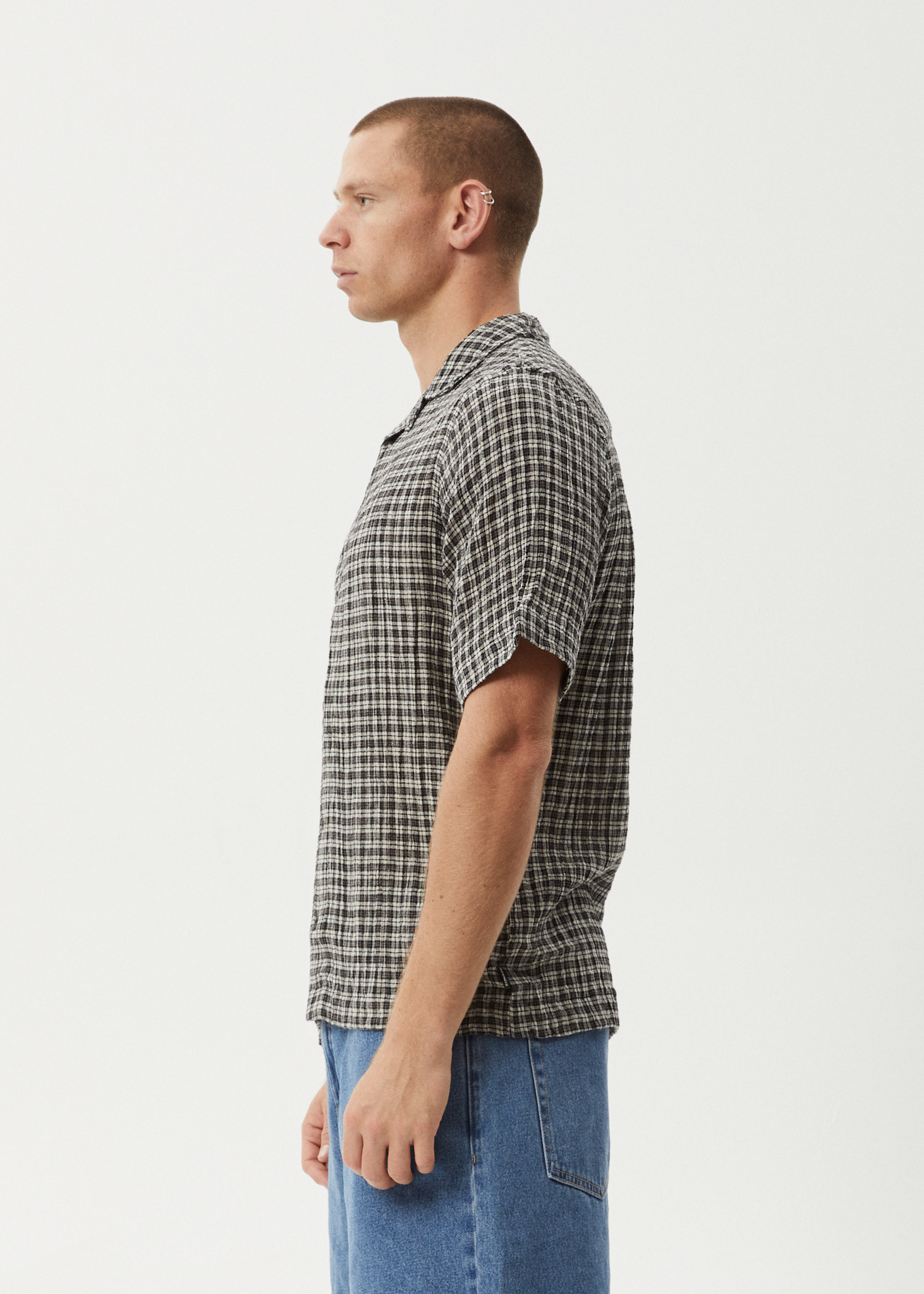 AFENDS Mens Asta - Seersucker Cuban Shirt - Steel Check