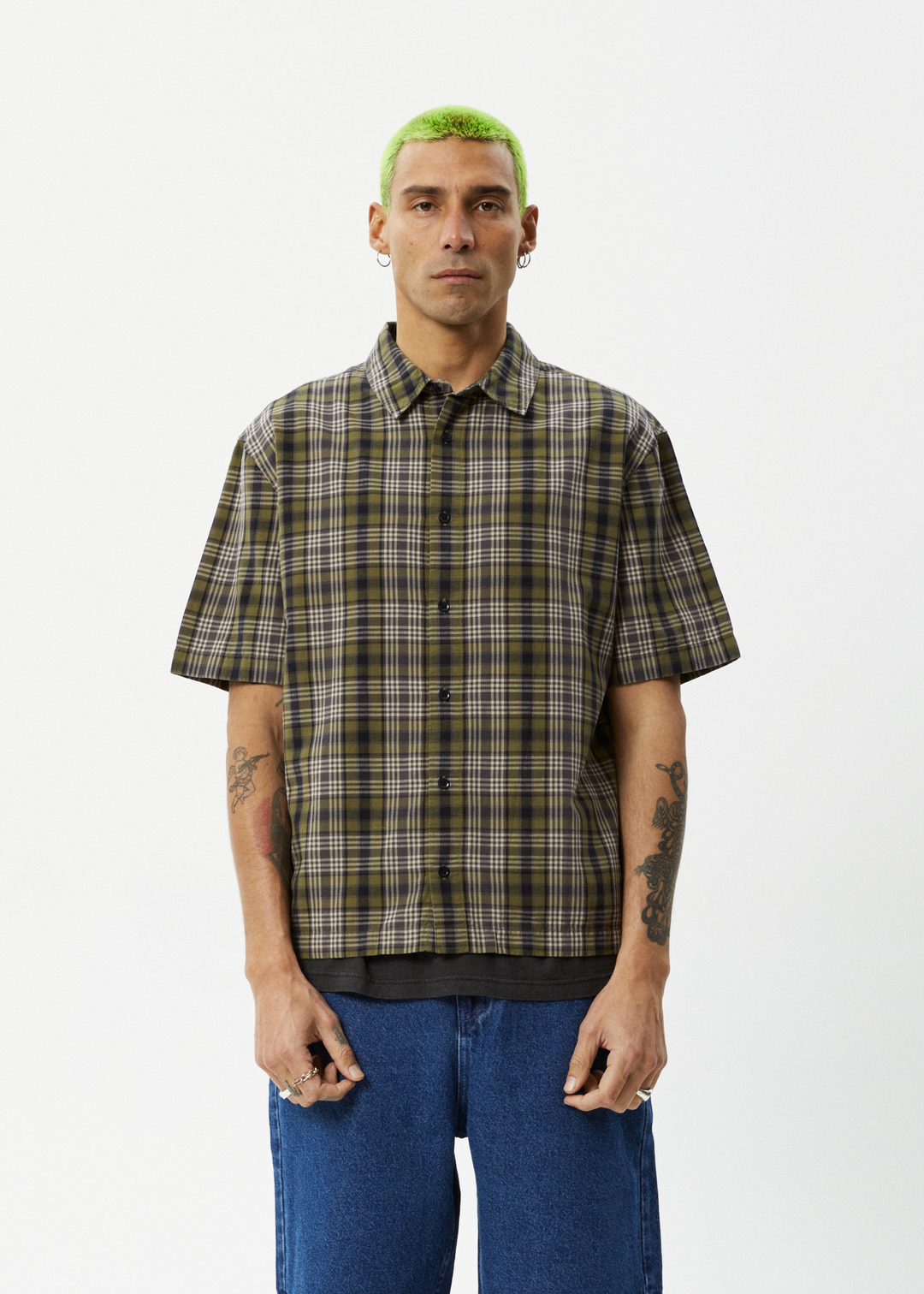 AFENDS Mens Check Out - Short Sleeve Shirt - Military Check 