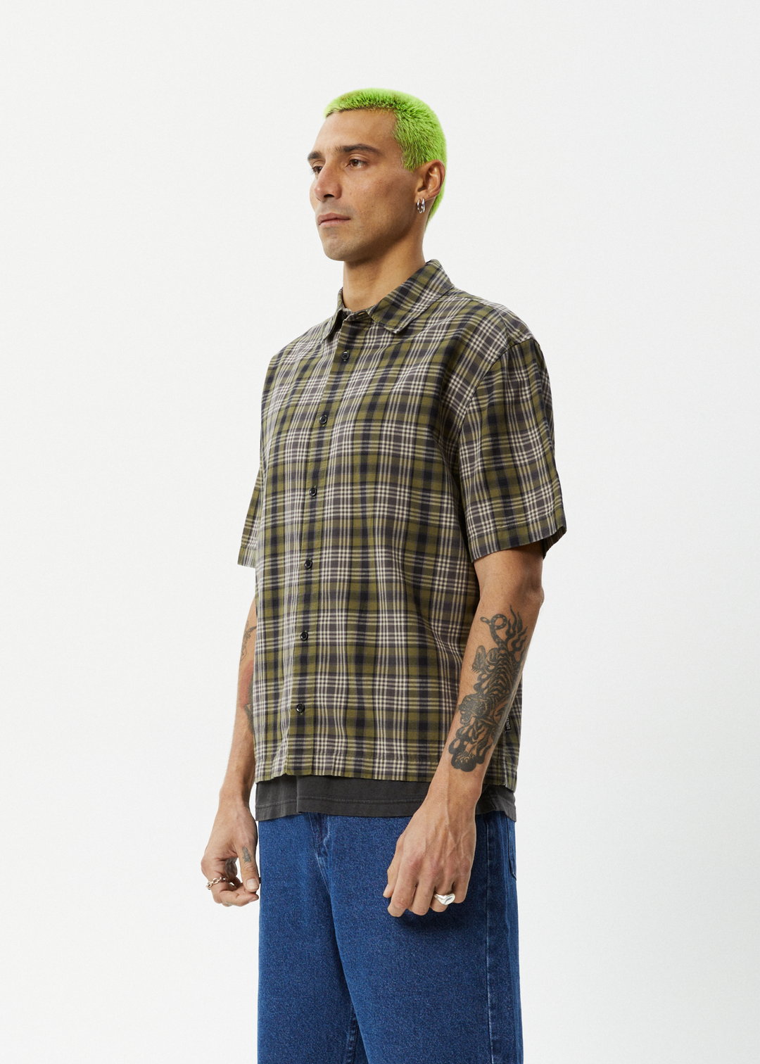 AFENDS Mens Check Out - Short Sleeve Shirt - Military Check 