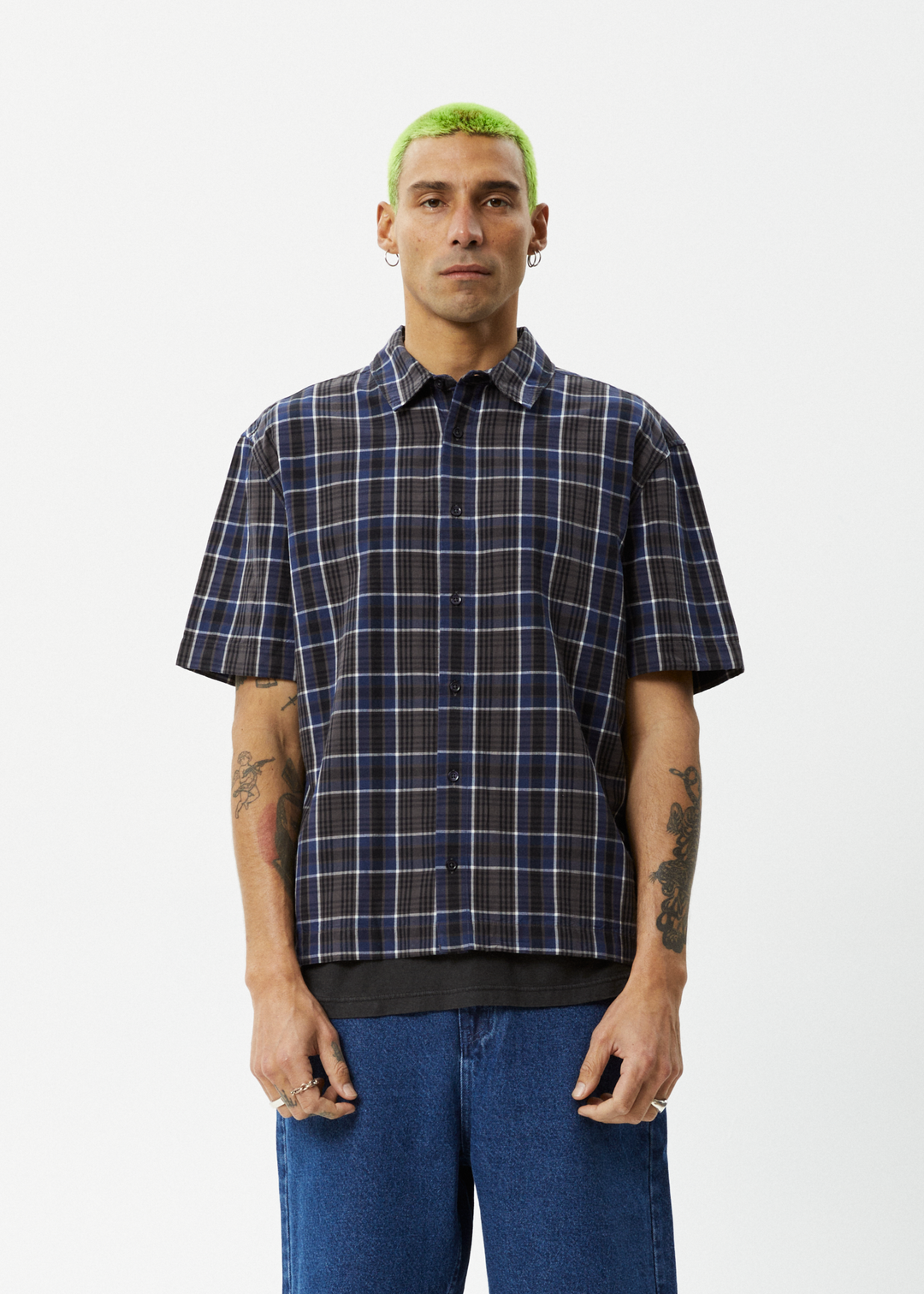 AFENDS Mens Check Out - Short Sleeve Shirt - Navy Check 