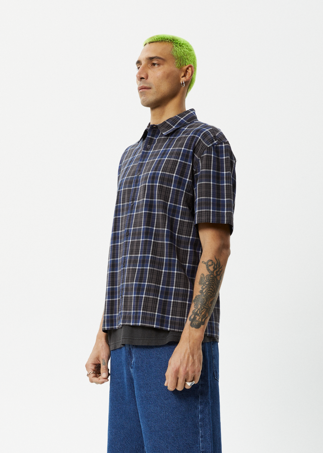 AFENDS Mens Check Out - Short Sleeve Shirt - Navy Check 