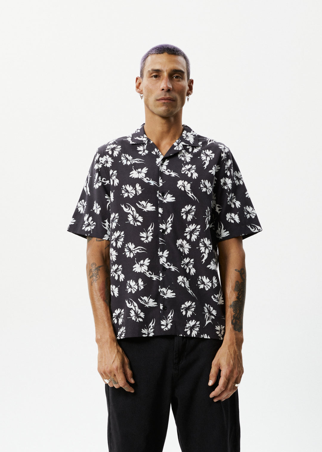 AFENDS Mens Hibiscus - Cuban Shirt - Black 